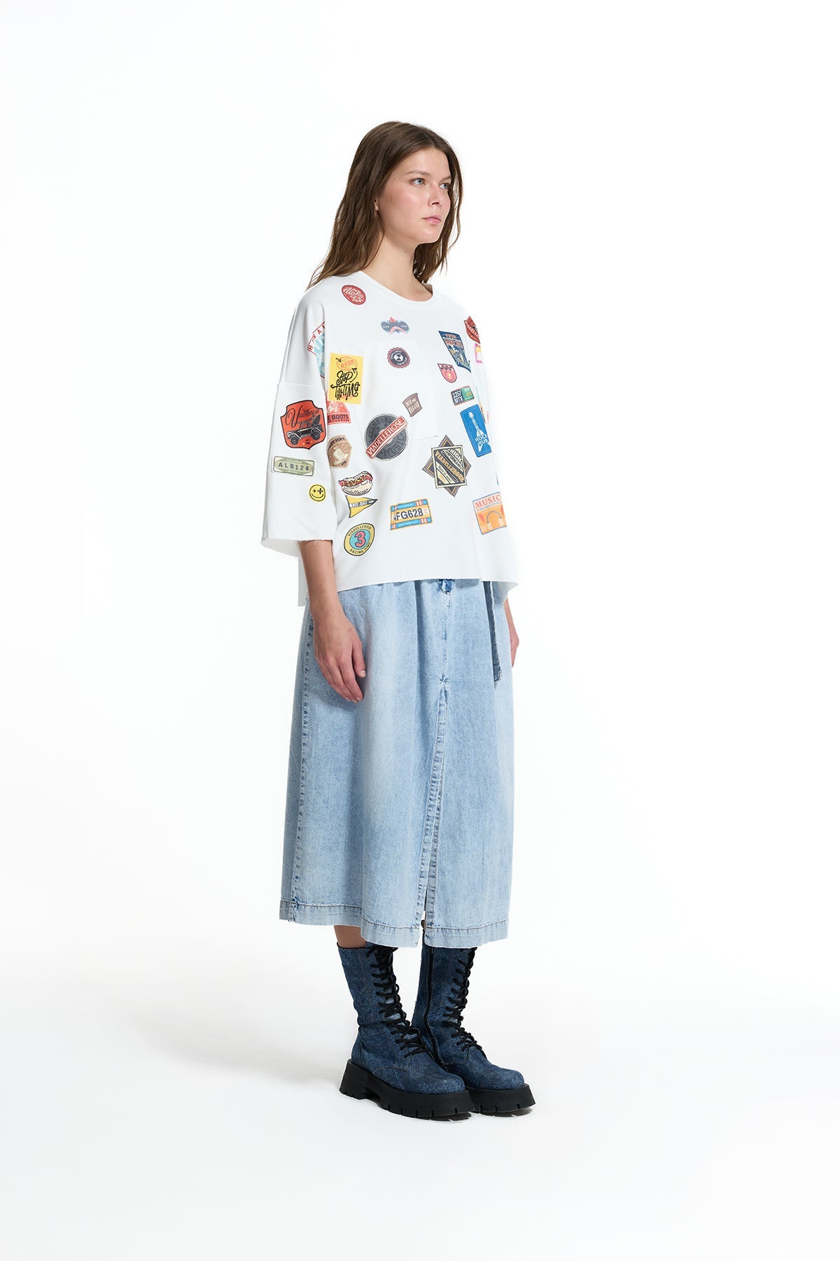 White Patch Detail Oversize Half Sleeve Sweatshirt 19074