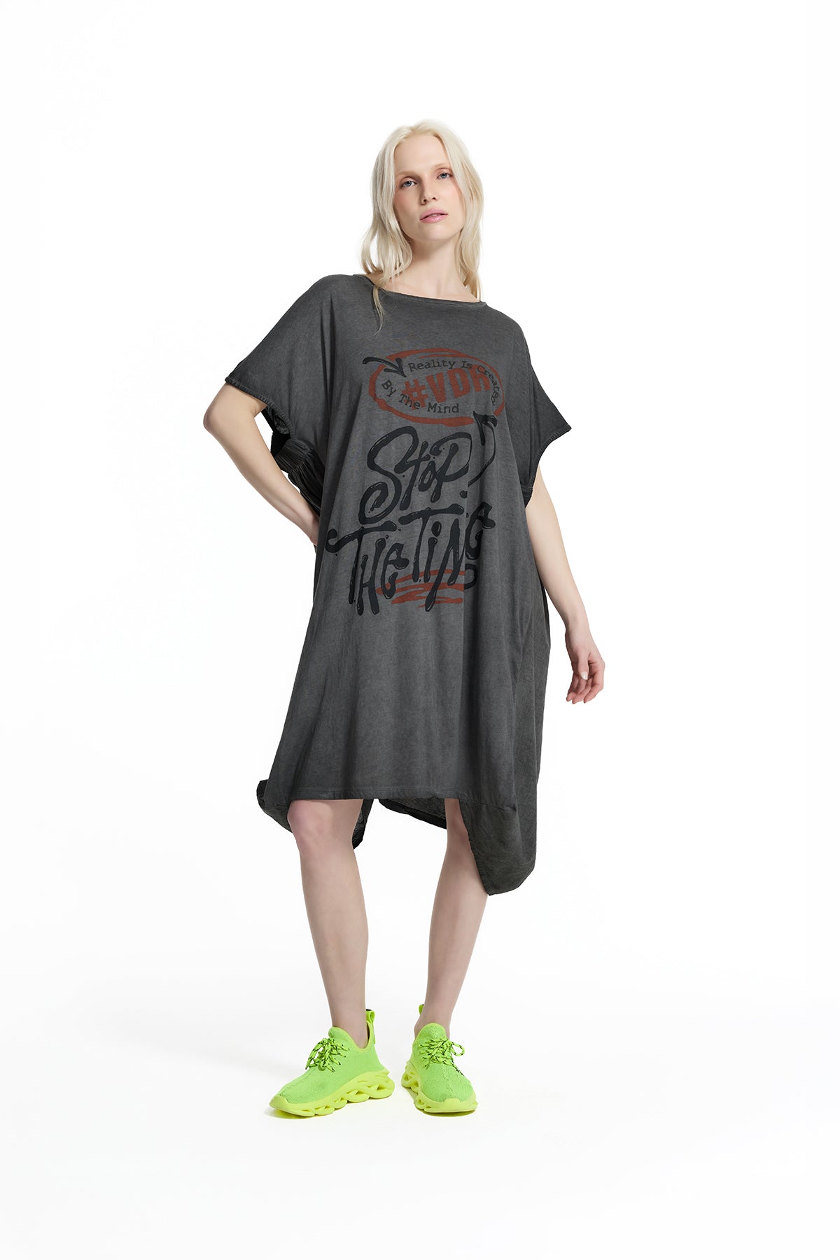 Black Washed Graphic Expression Oversized T-shirt Dress 19095