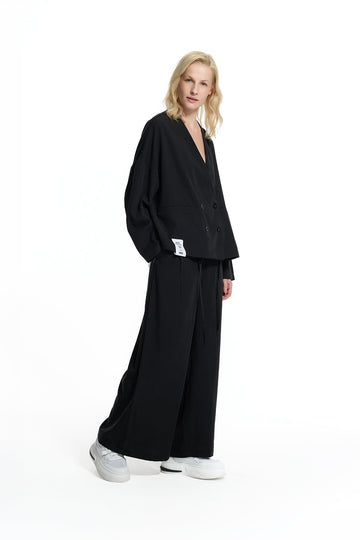 Black Draped Wide-leg Drawstring Trousers 19096