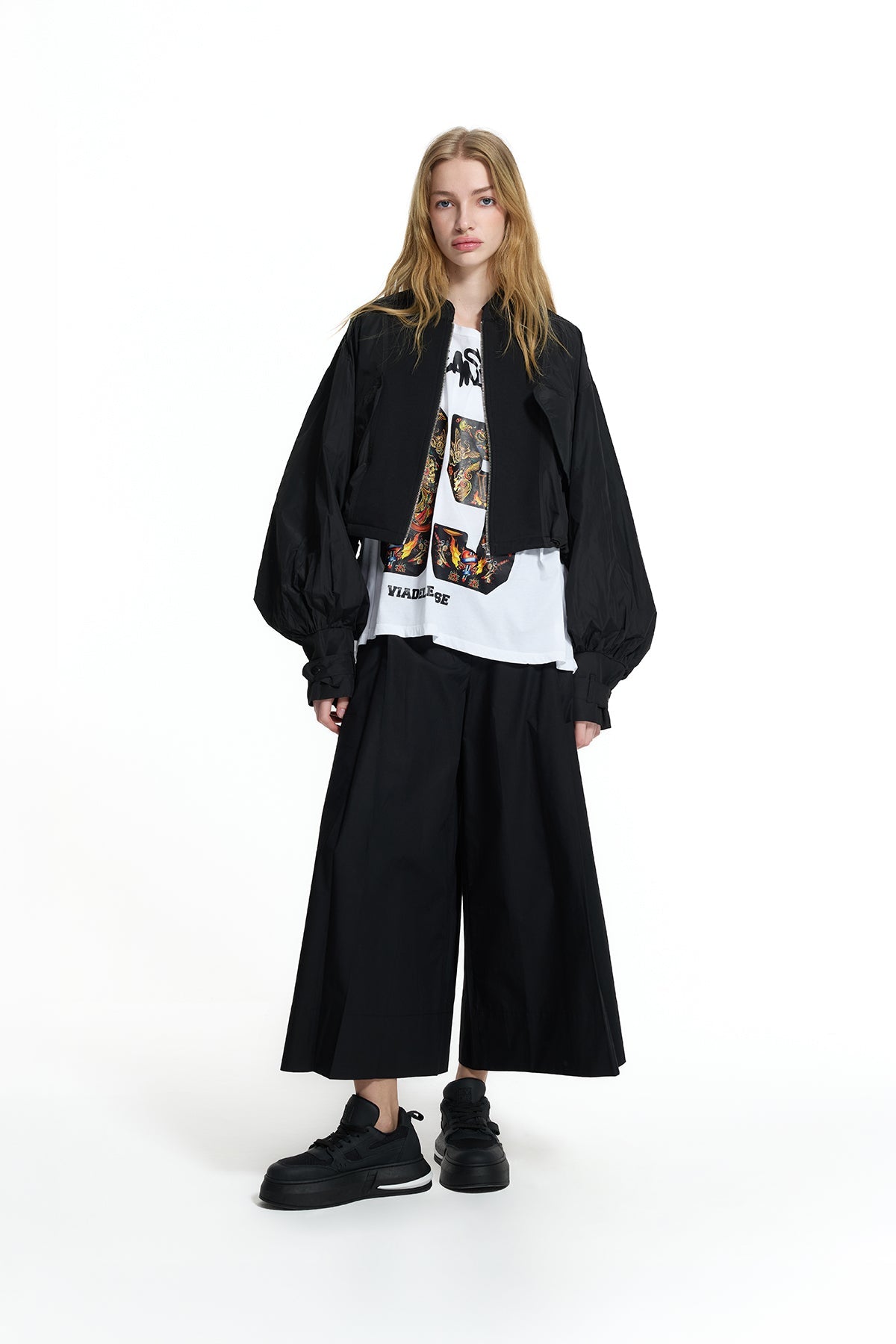 Black Balloon Sleeve Crop Bomber Jacket 19111