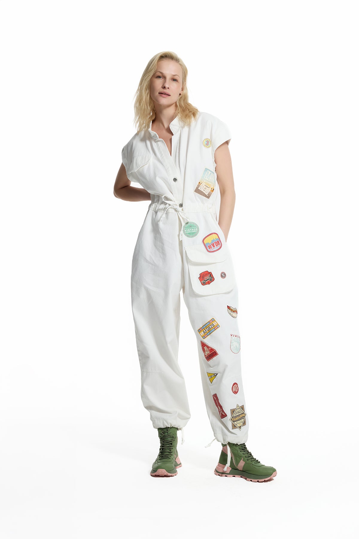 White Drawstring Waist Patch Jumpsuit 19120