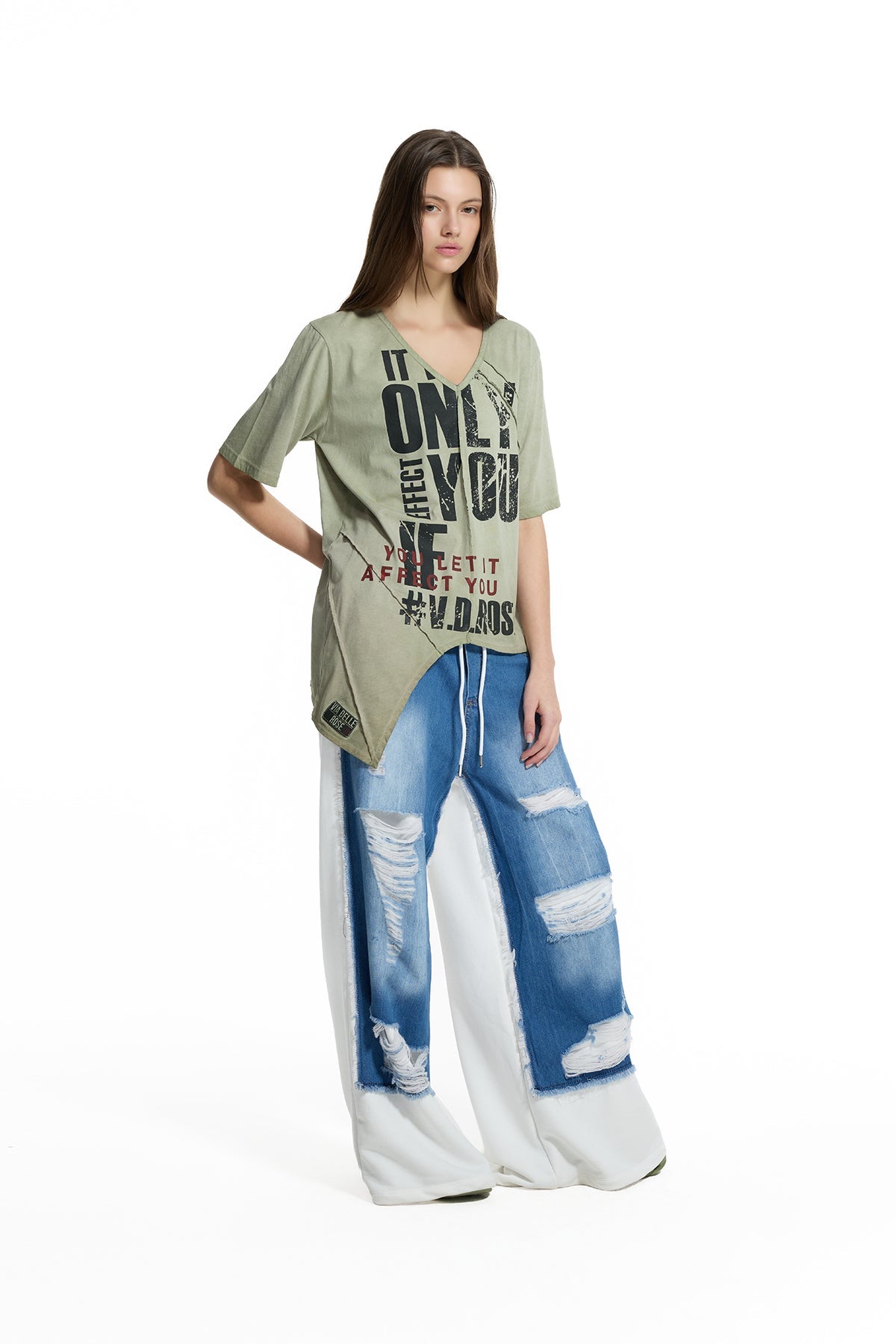 Khaki Graphic Asymmetric T-shirt 19140
