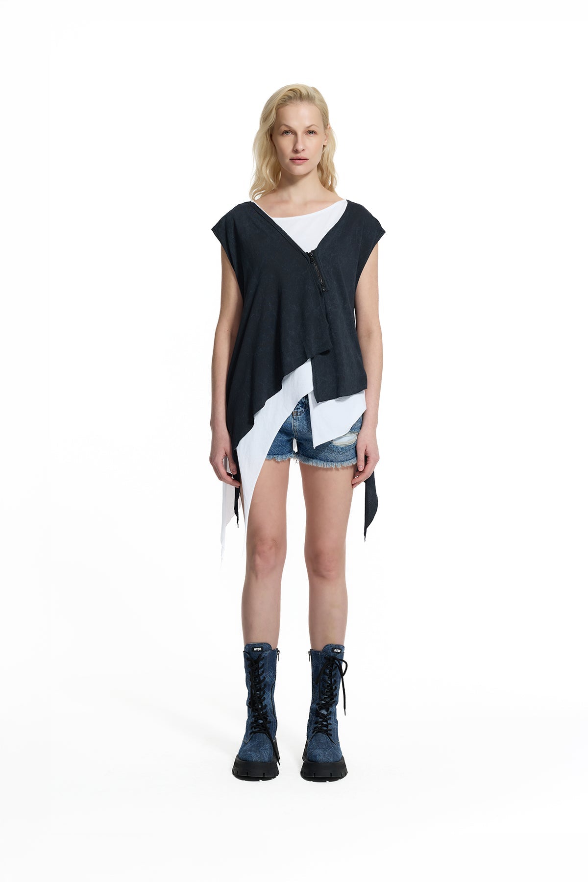 Black White Layered Asymmetric Tunic T-shirt 19142