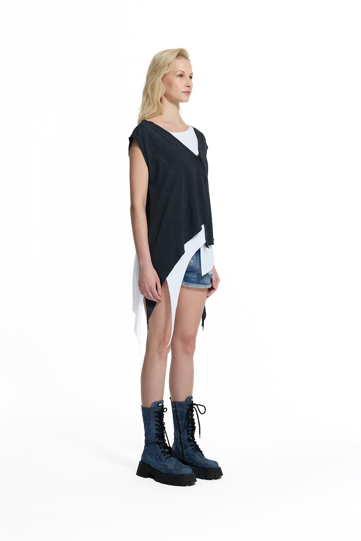 Black White Layered Asymmetric Tunic T-shirt 19142