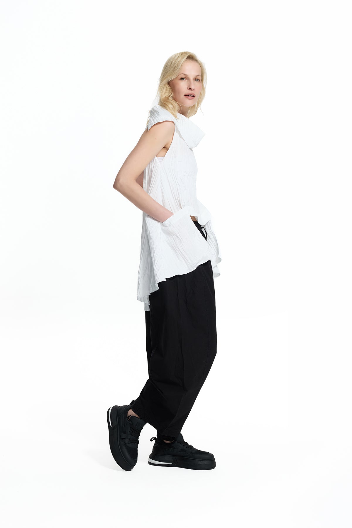 White Asymmetric Crinkle Blouse 19145