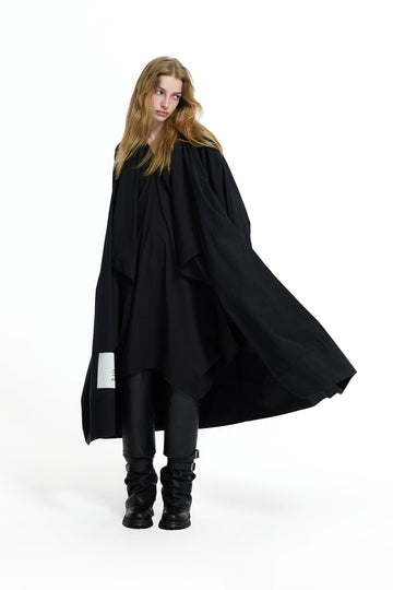 Black Asymmetric Shawl Collar Trench Coat 19146