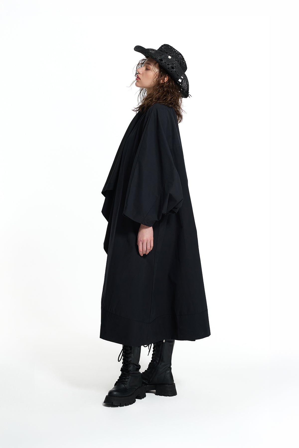 Black Asymmetric Shawl Collar Trench Coat 19146
