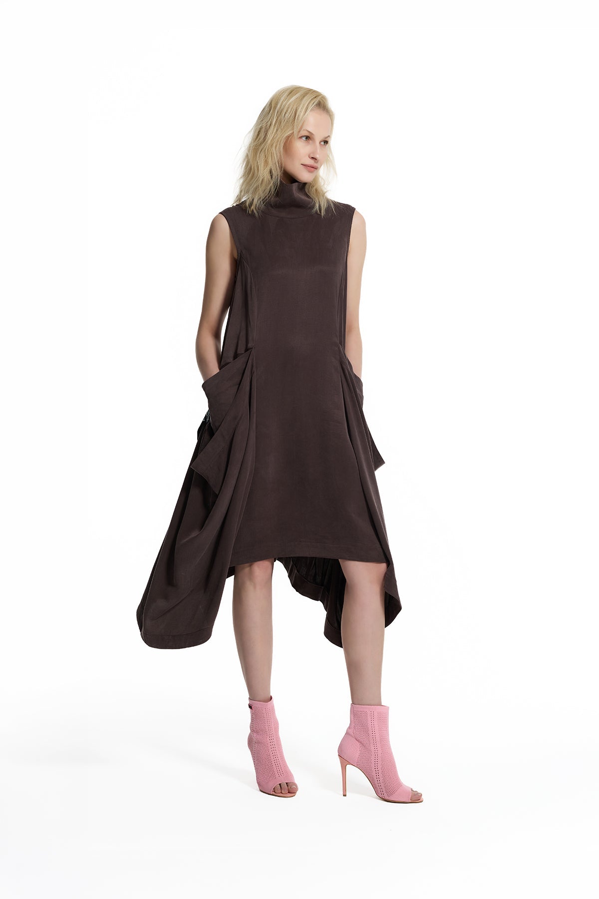 Brown Draped Asymmetric Dress 19152