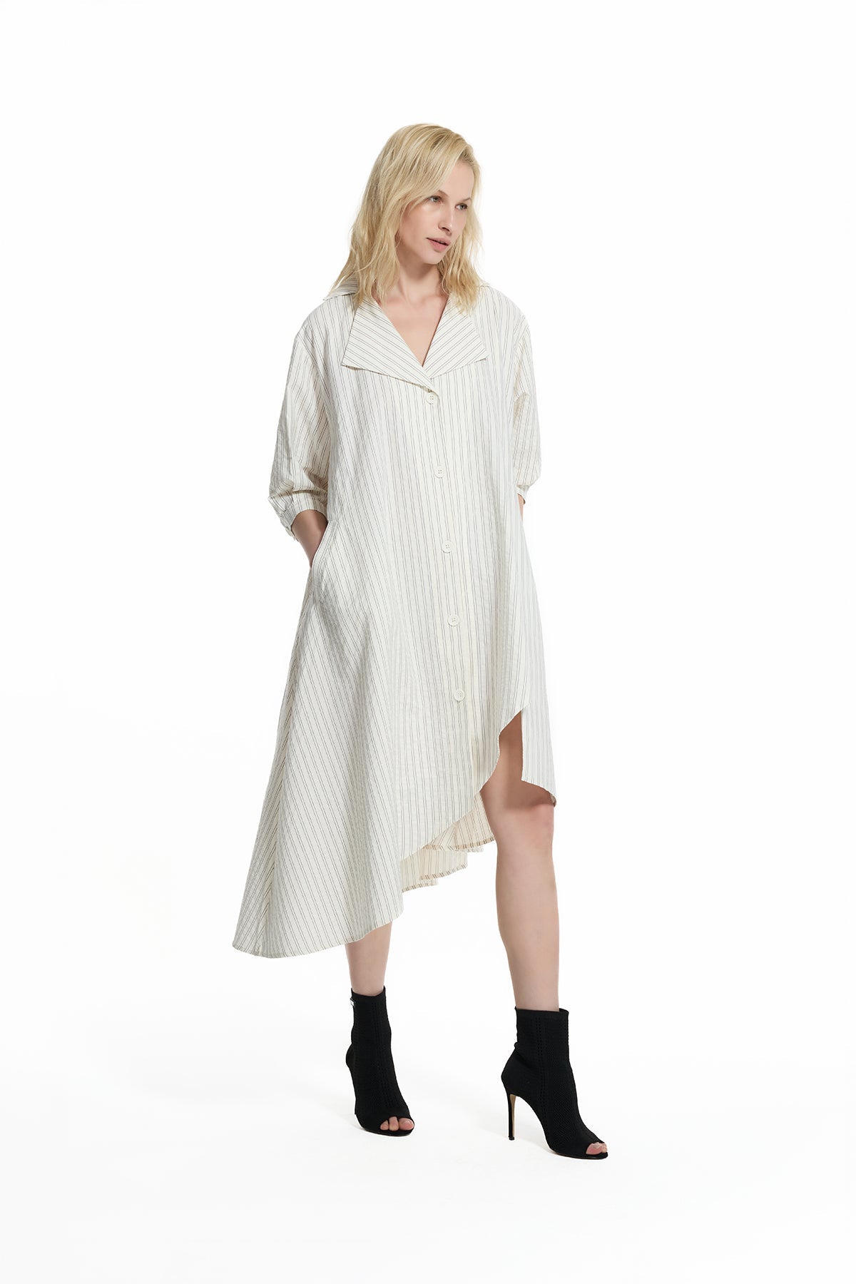 Cream Striped Asymmetric Midi Dress 19181