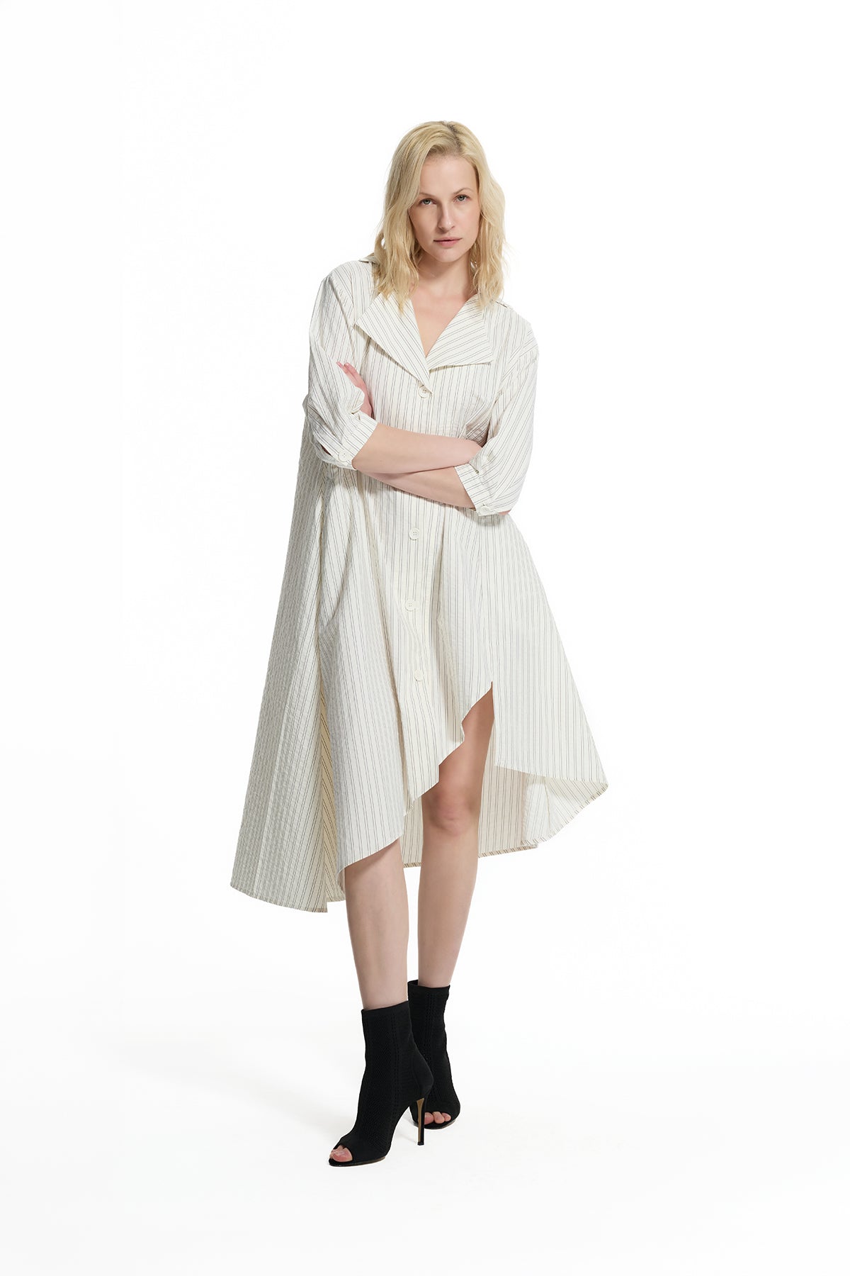 Cream Striped Asymmetric Midi Dress 19181