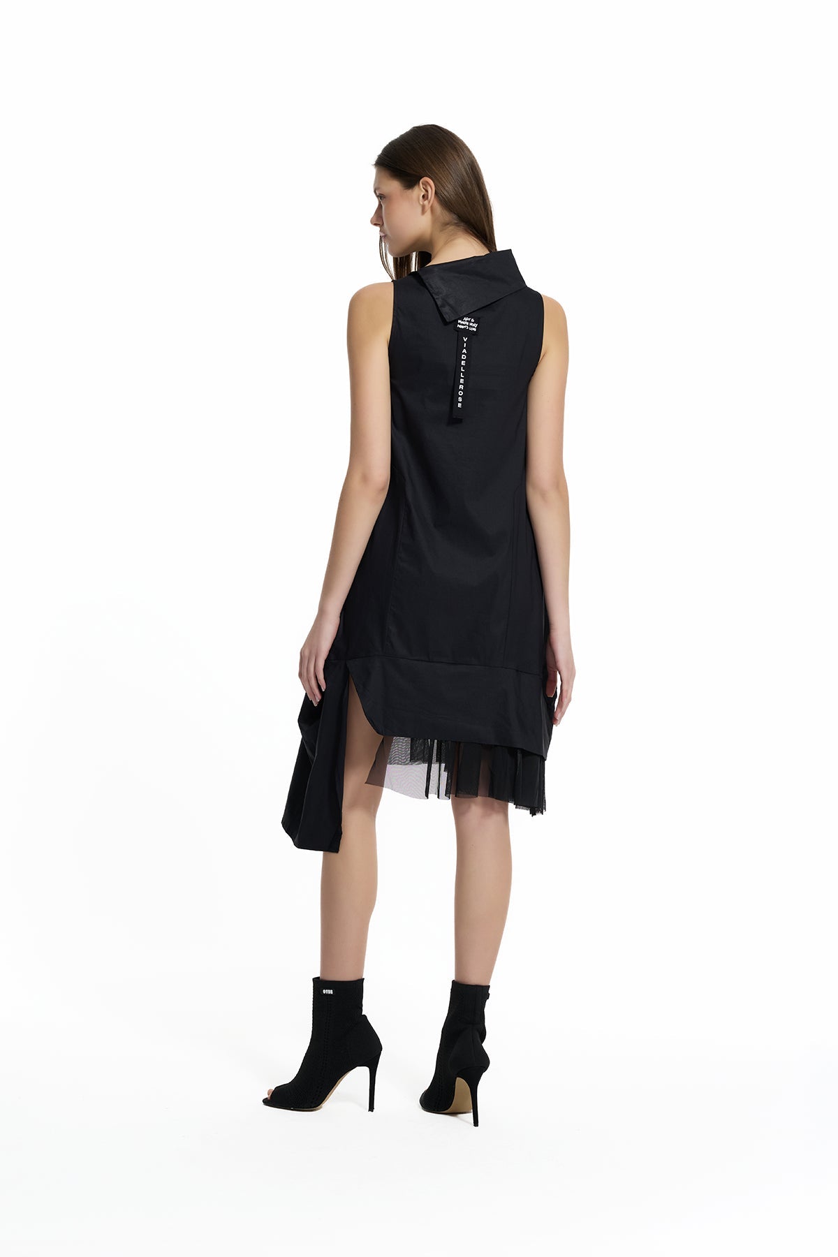 Black Asymmetric Tulle Detail Midi Dress 19187
