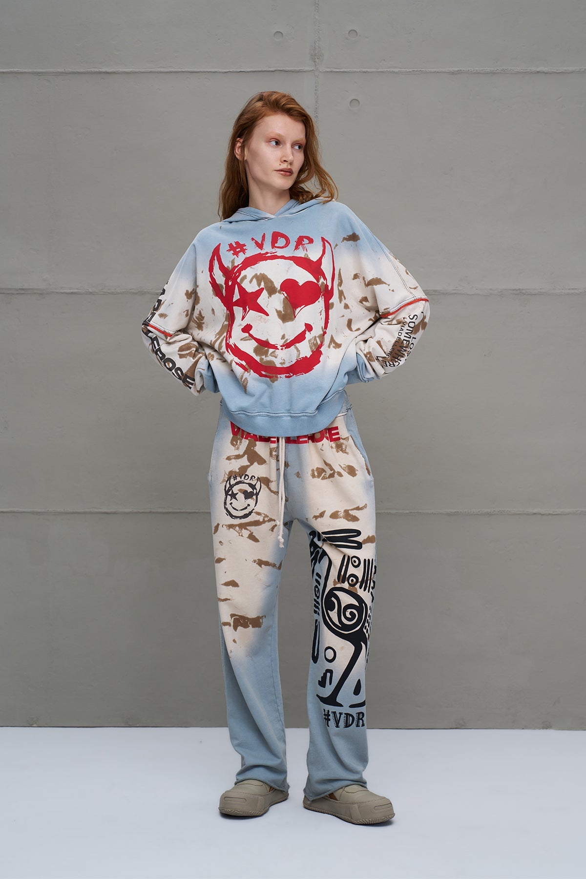 Blue Beige Distressed Print Oversized Trousers 18002