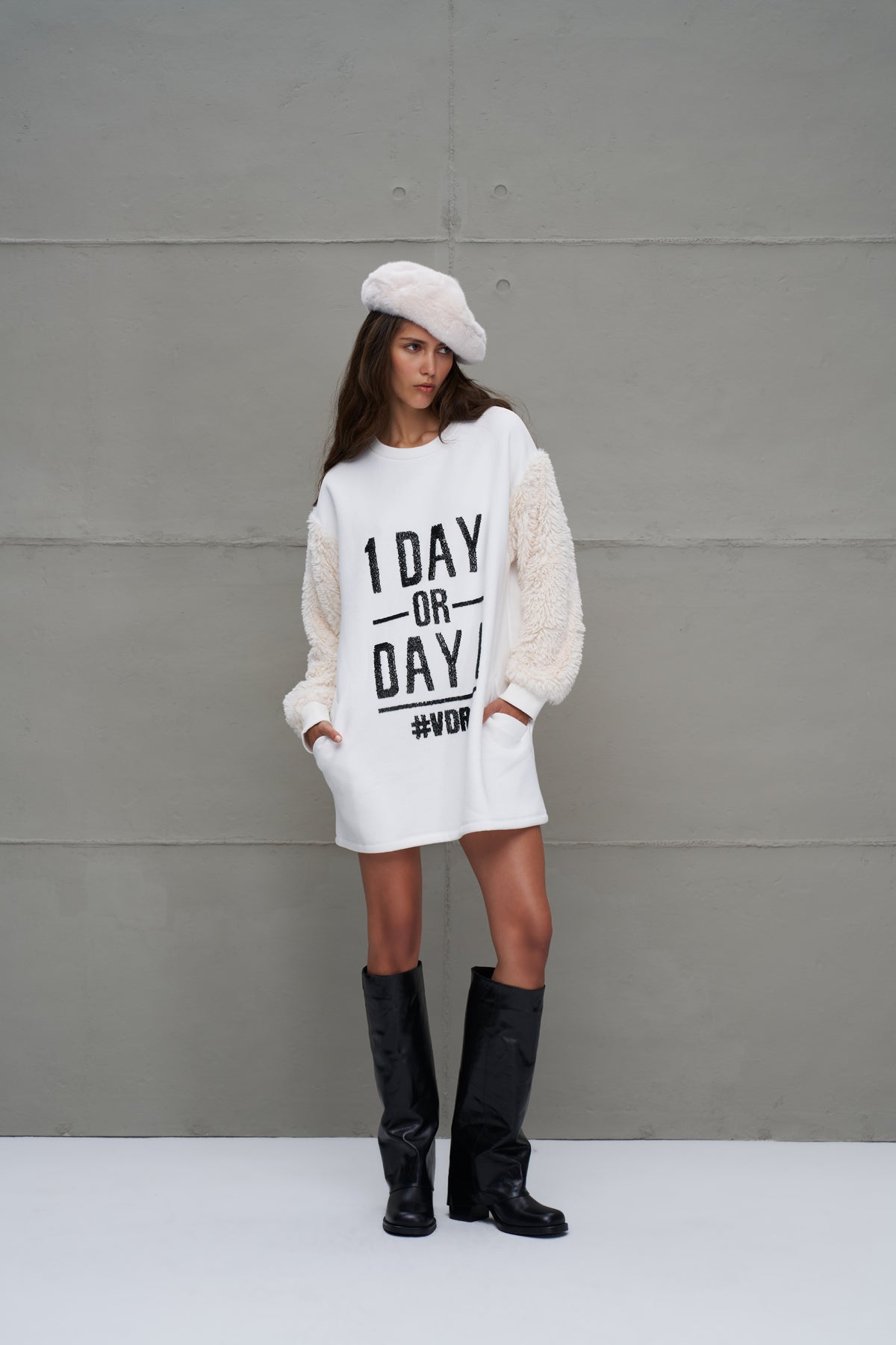 Off White Slogan Long Sleeve Dress 18011