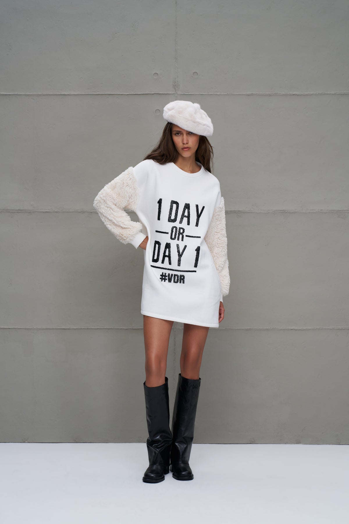 Off White Slogan Long Sleeve Dress 18011