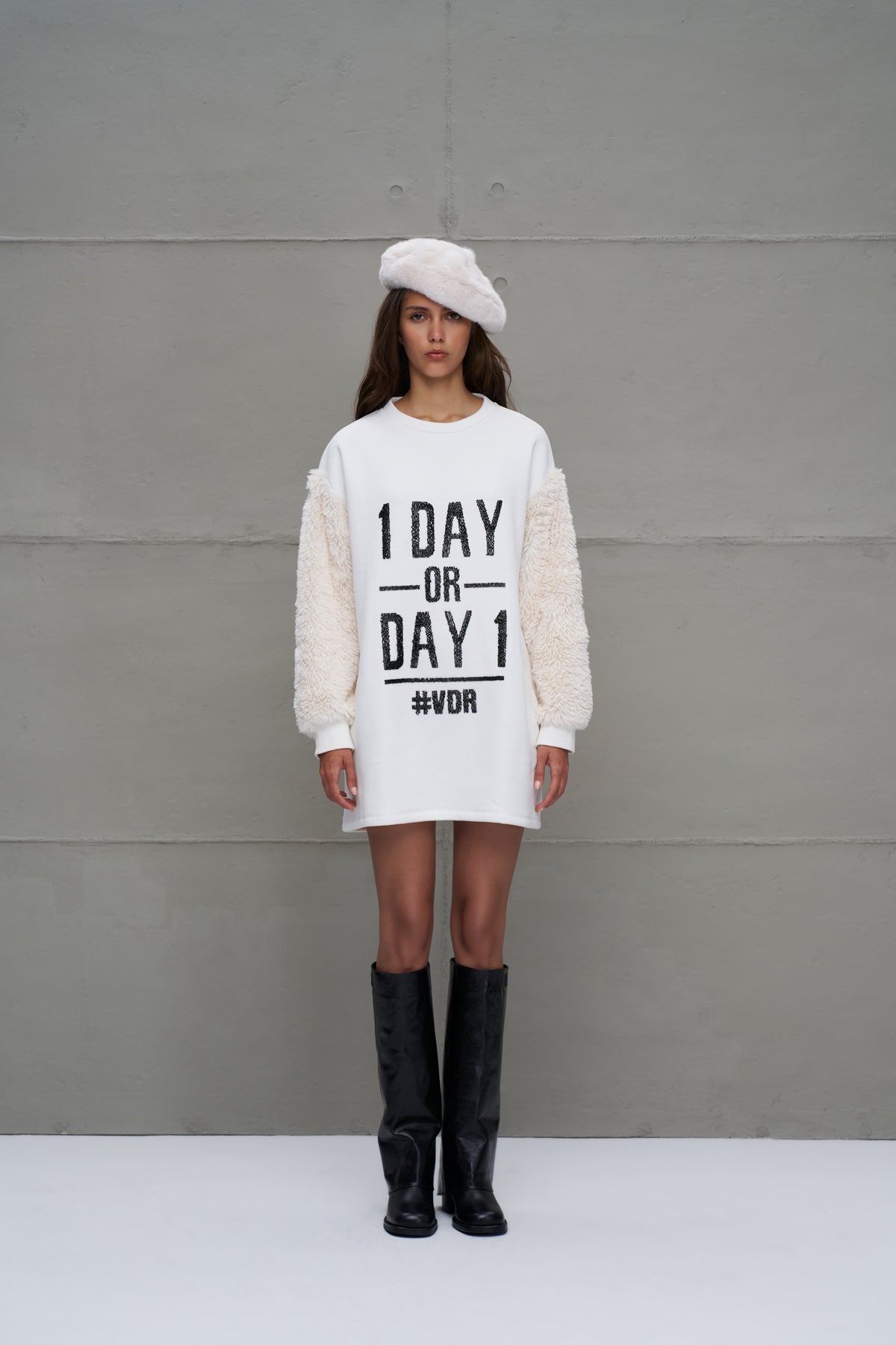 Off White Slogan Long Sleeve Dress 18011