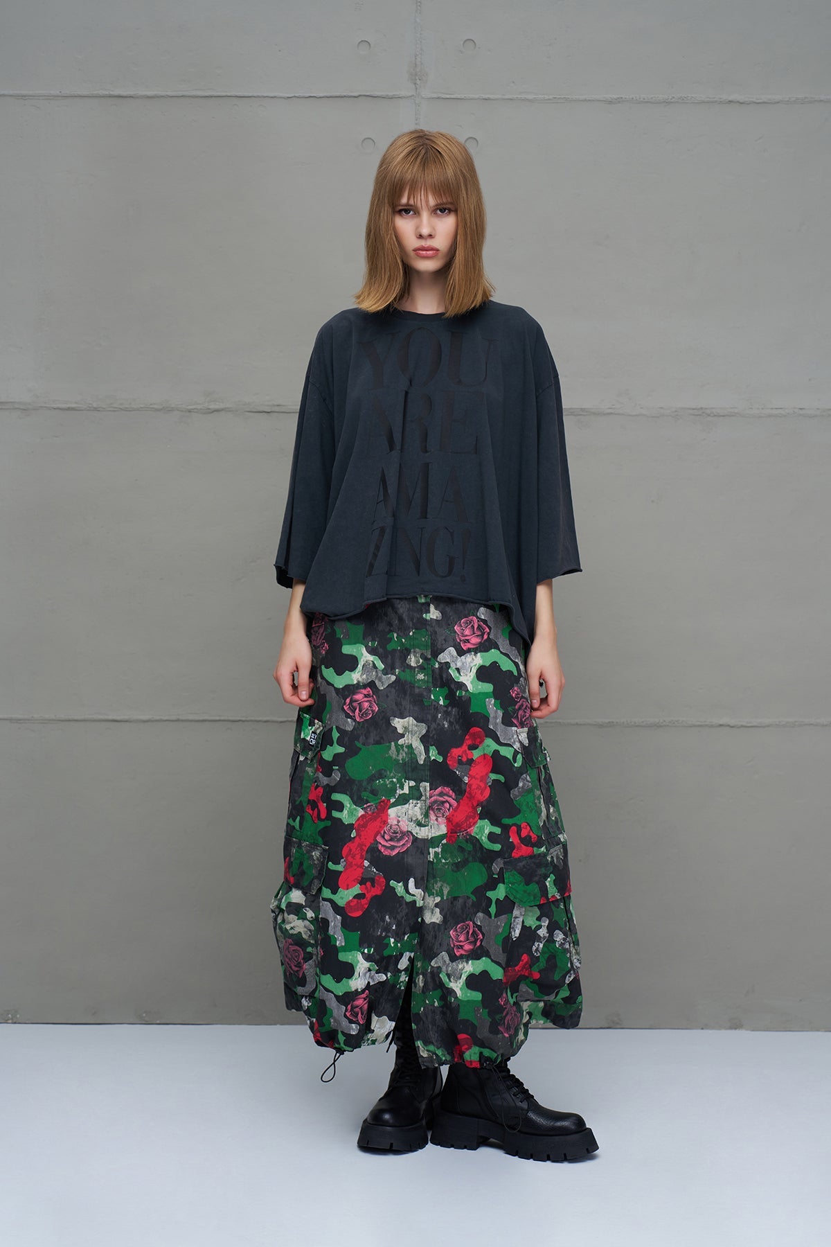 Camo Camouflage Print Oversized Midi Skirt 18028