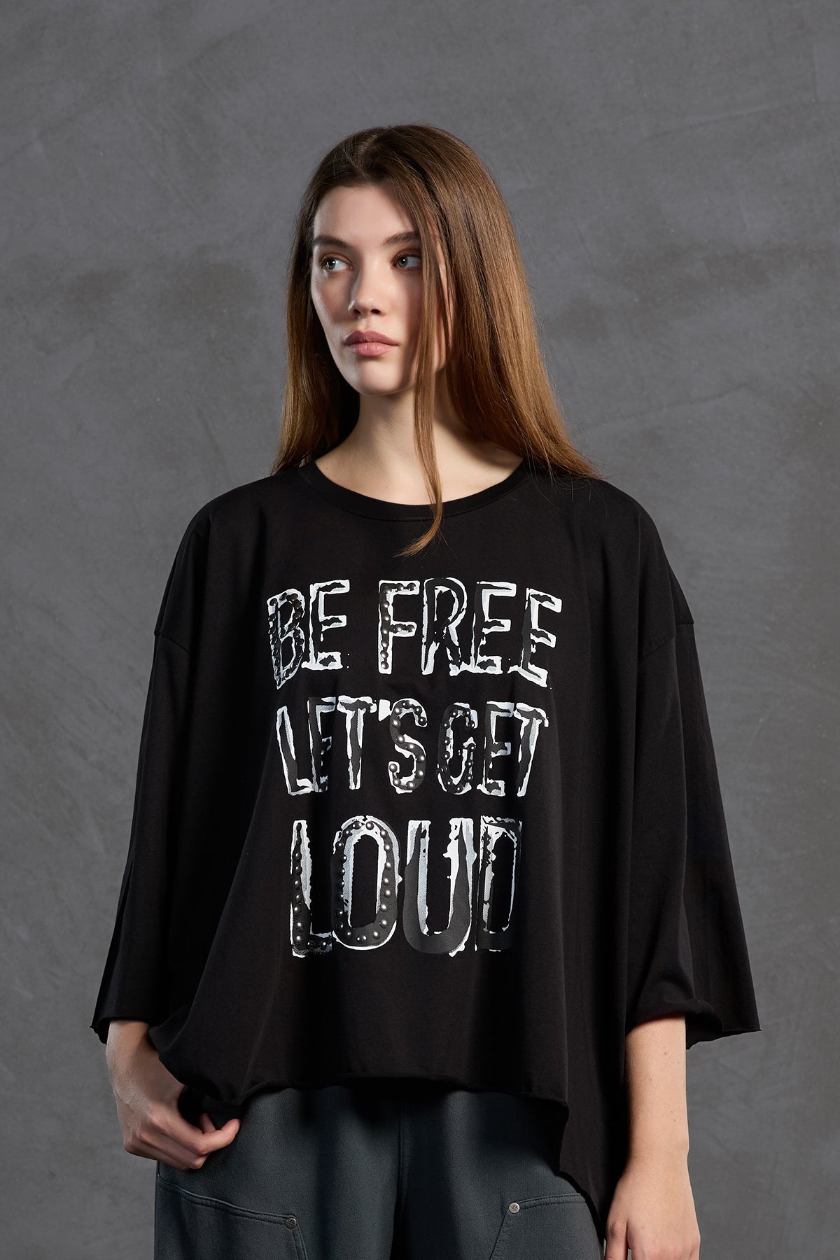 Black Slogan Asymmetric Oversize T-shirt 18035