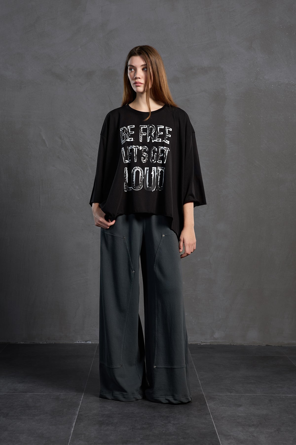 Black Slogan Asymmetric Oversize T-shirt 18035