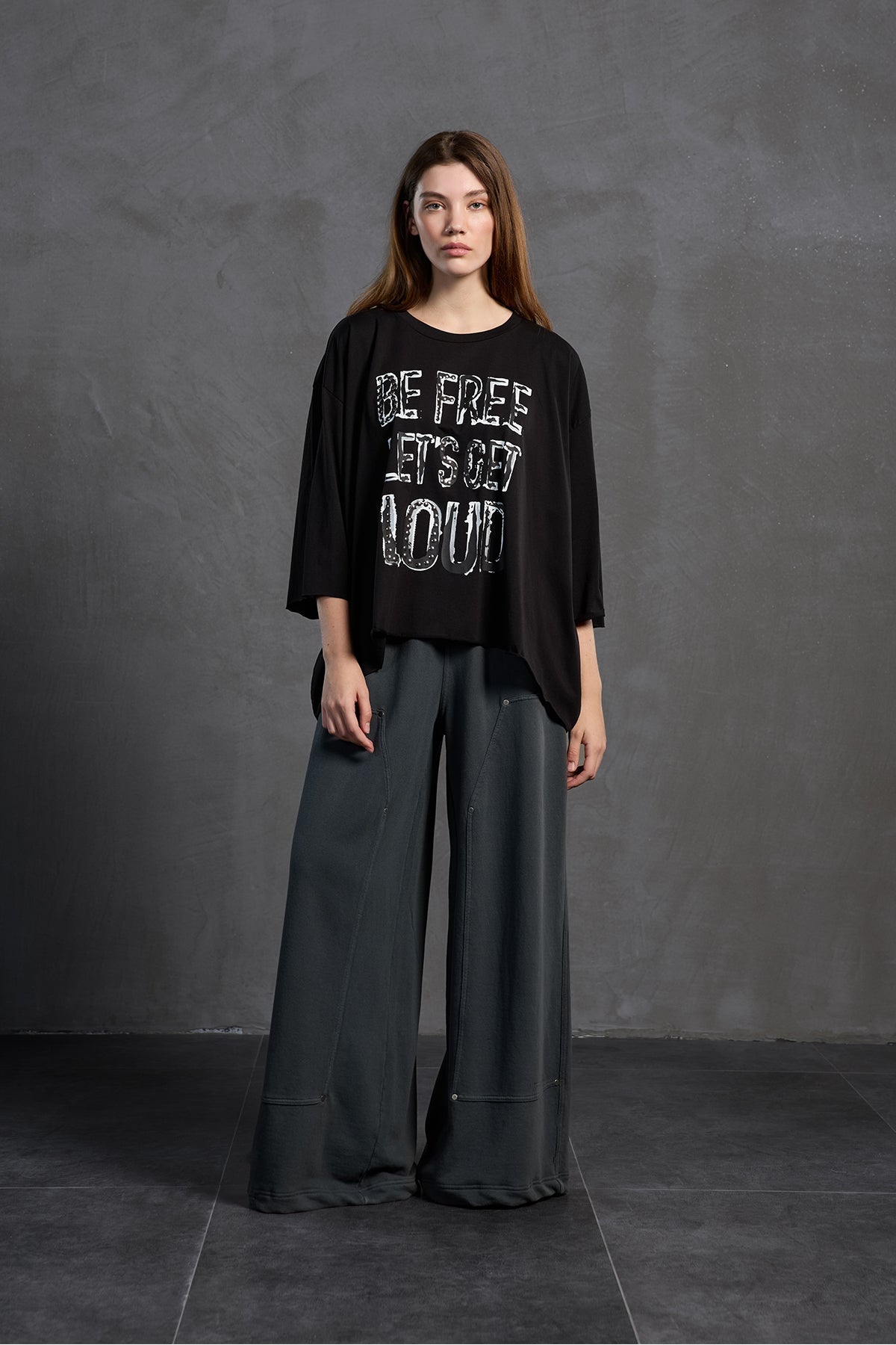Black Slogan Asymmetric Oversize T-shirt 18035