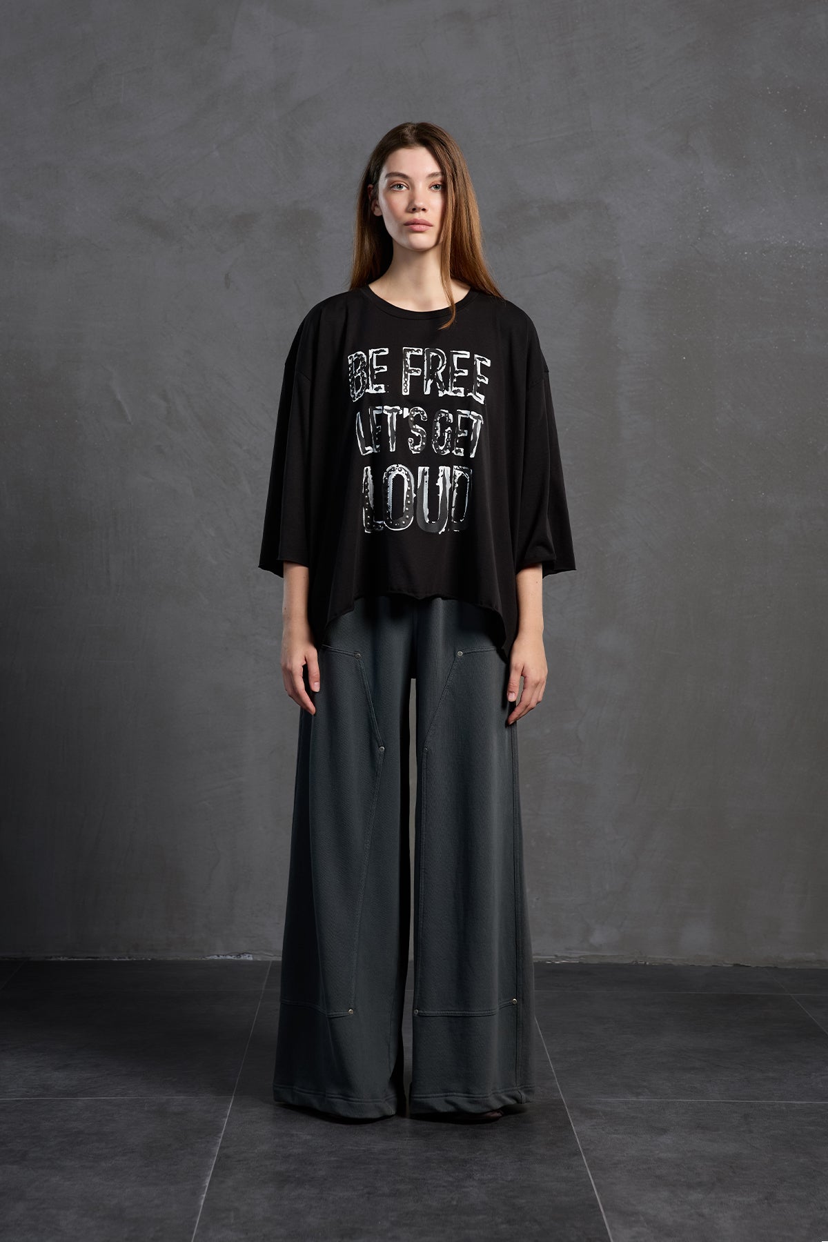 Black Slogan Asymmetric Oversize T-shirt 18035