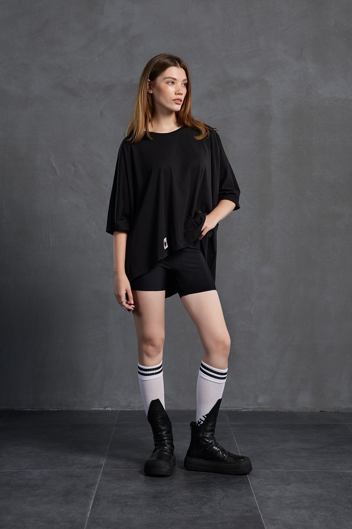 Black Printed Asymmetric Oversize T-shirt 18037
