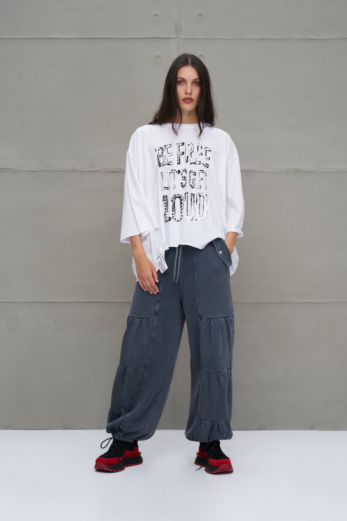White Slogan Asymmetric Oversized Hooded T-shirt 18042