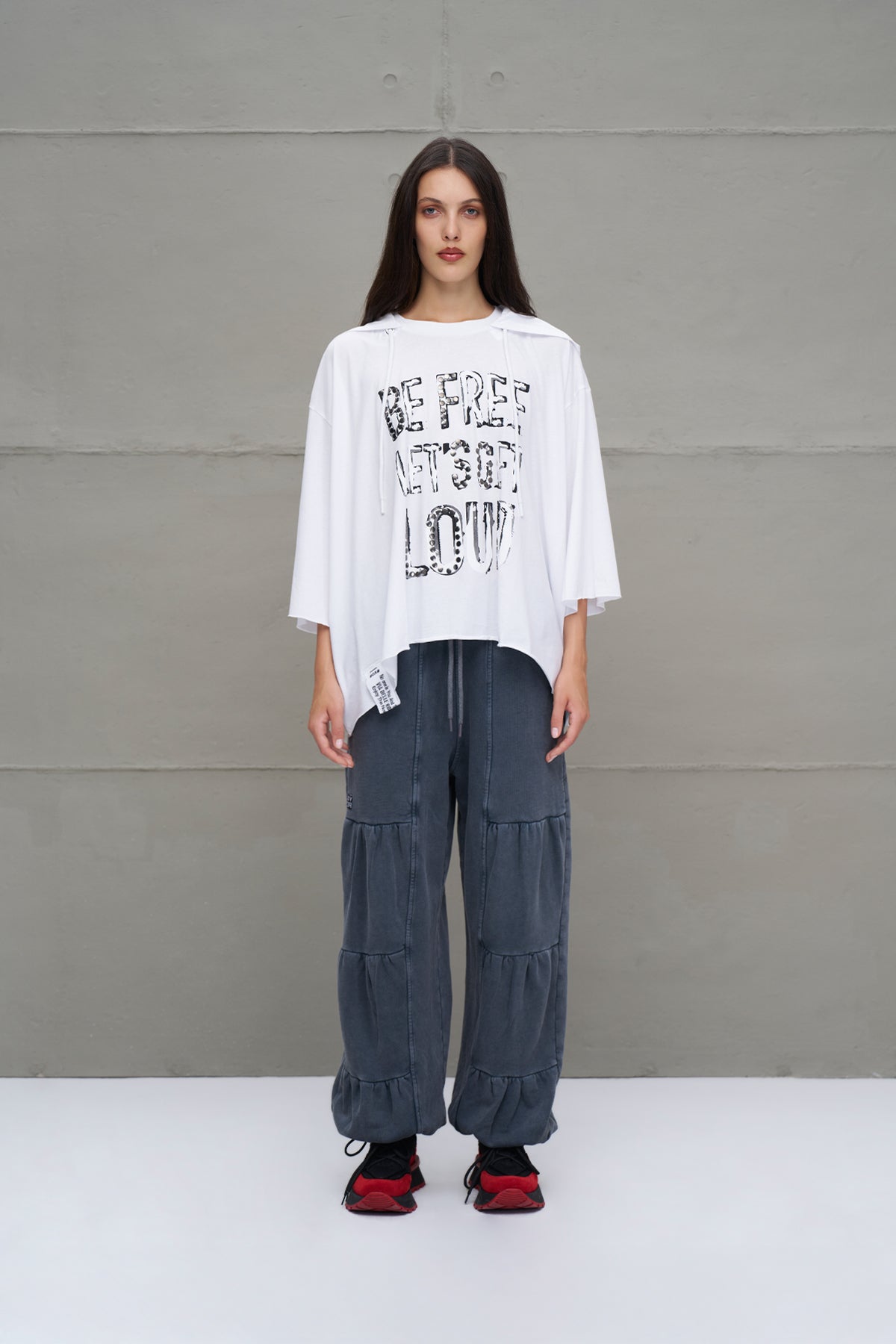 White Slogan Asymmetric Oversized Hooded T-shirt 18042