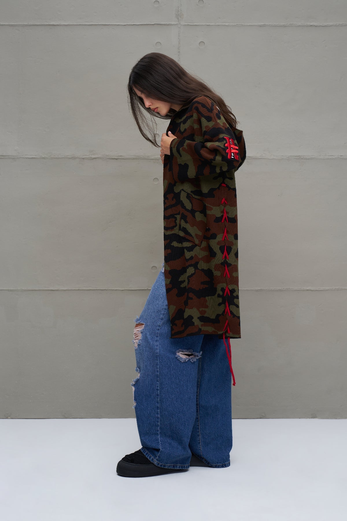 Black Khaki Maroon Camouflage Print Oversized Knit Cardigan 18056