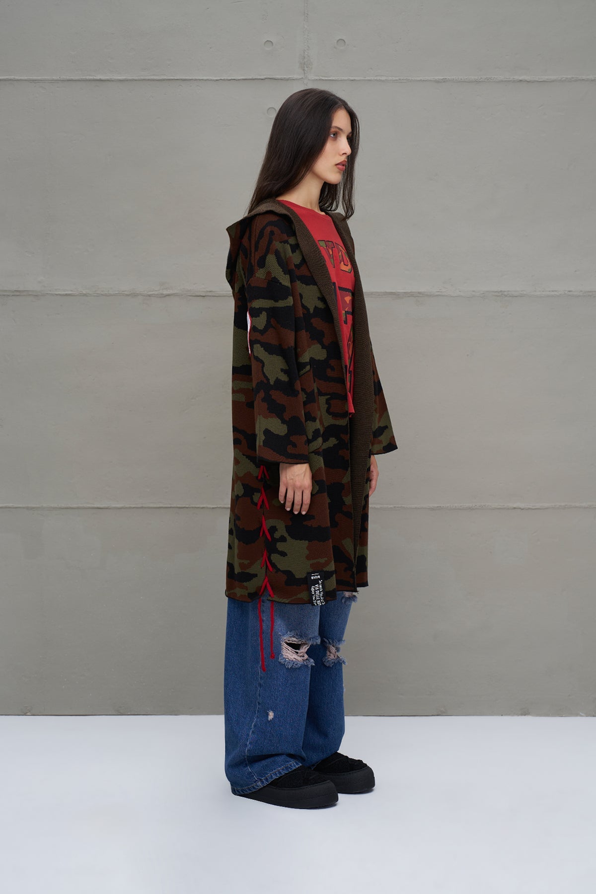 Black Khaki Maroon Camouflage Print Oversized Knit Cardigan 18056