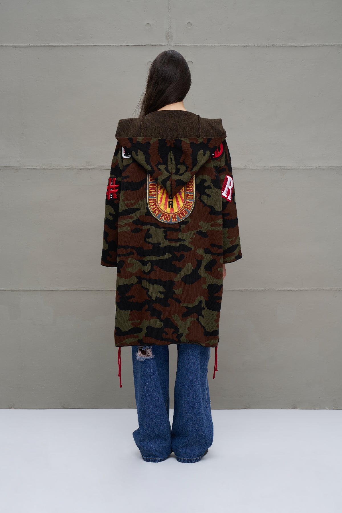 Black Khaki Maroon Camouflage Print Oversized Knit Cardigan 18056