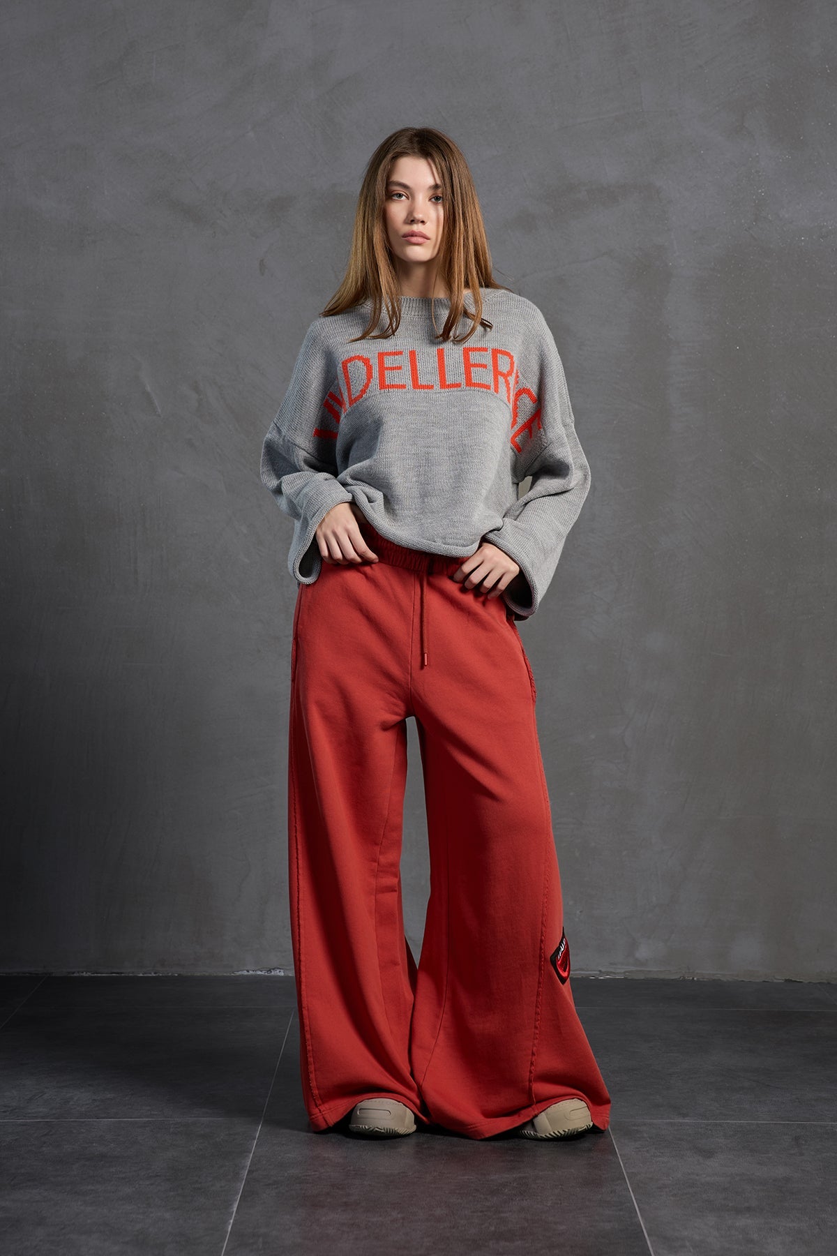 Grey Melange Printed Oversize Knit Sweater 18057