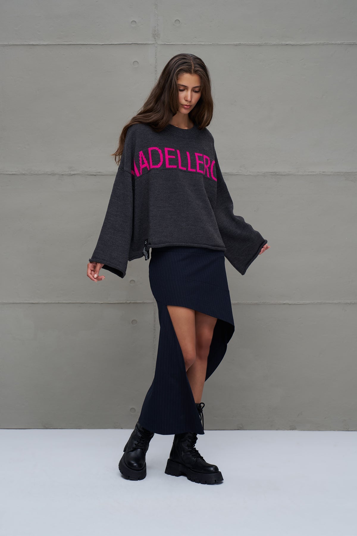 Anthracite Printed Oversized Knit Sweater 18057