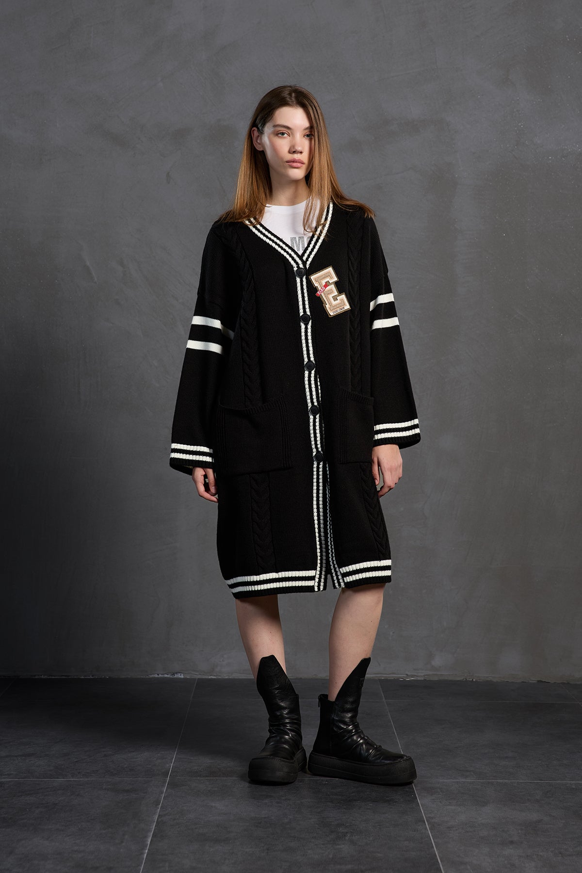 Black Off White Long Oversize Knit Cardigan 18058