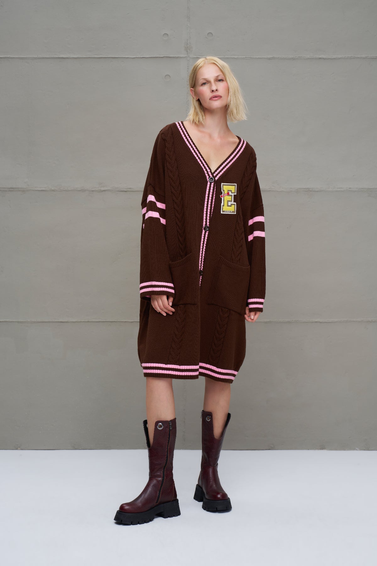 Brown Light Pink Long Oversized Knit Cardigan 18058