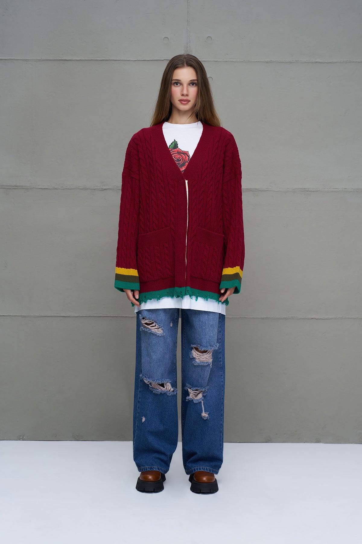 Burgundy Logo Print Oversized Knit Cardigan 18063