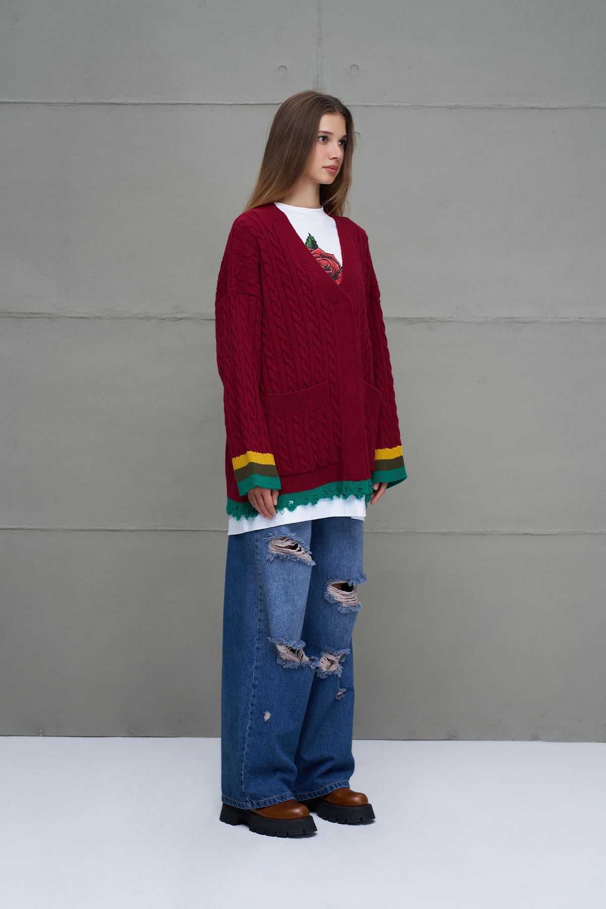 Burgundy Logo Print Oversized Knit Cardigan 18063