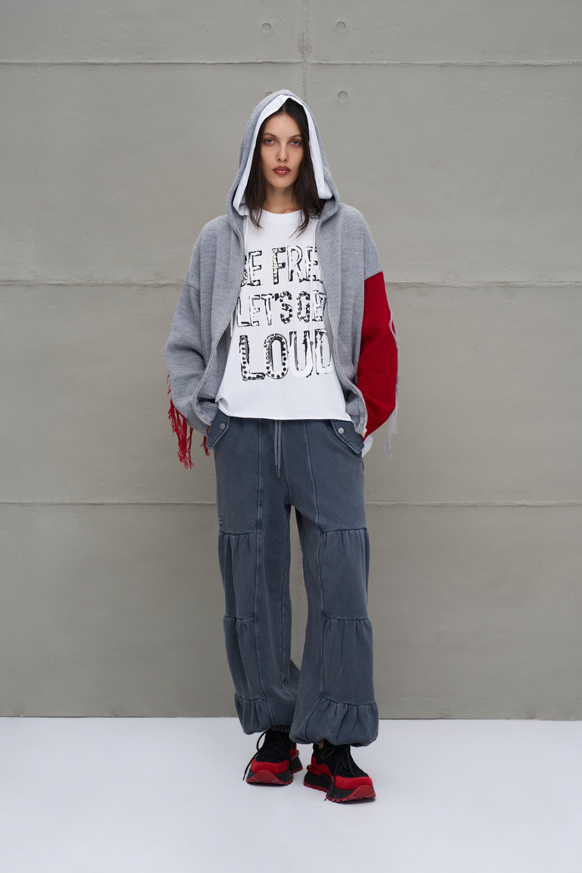 Grey Melange Red Hooded Zip-up Oversized Knit Sweater 18070