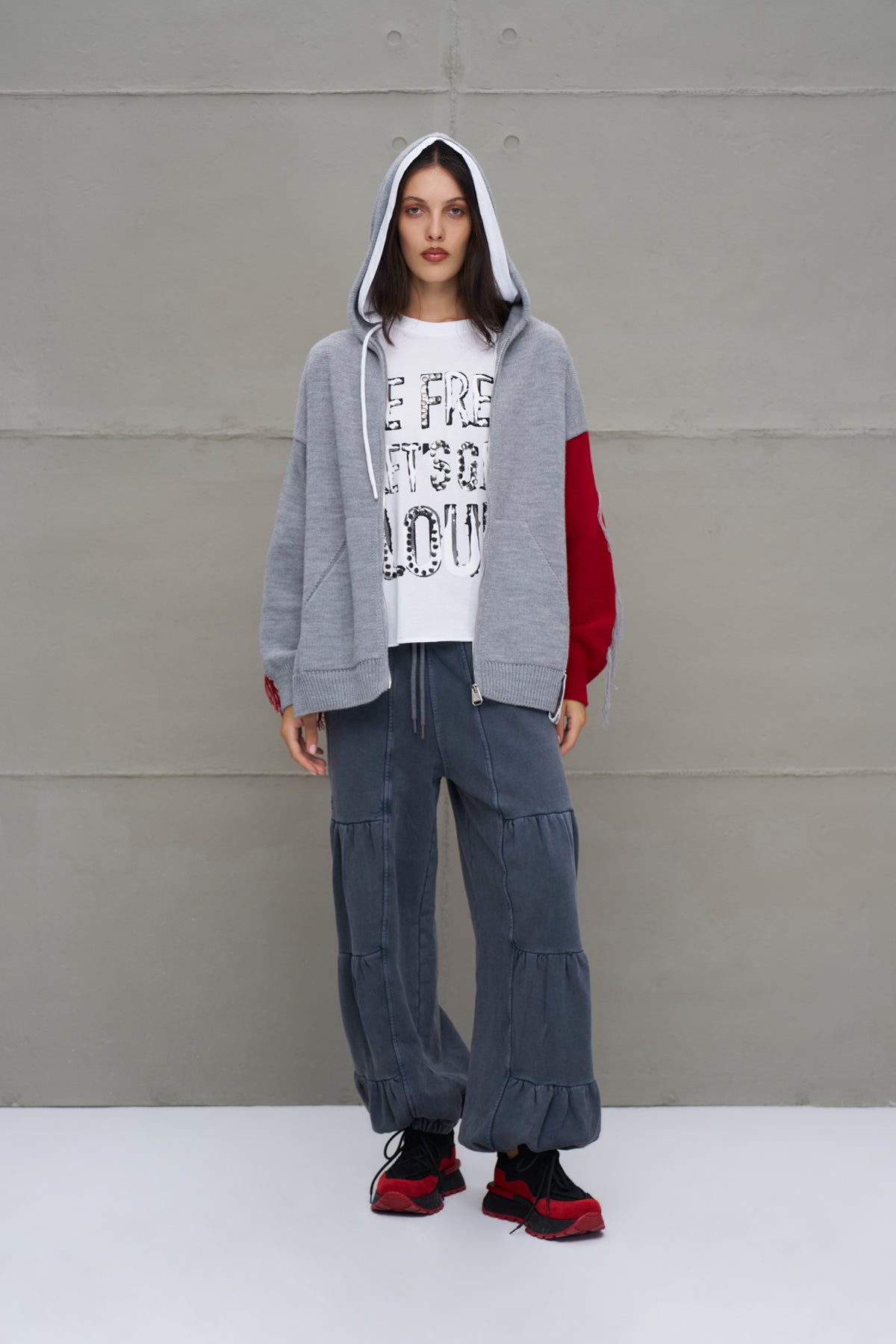 Grey Melange Red Hooded Zip-up Oversized Knit Sweater 18070