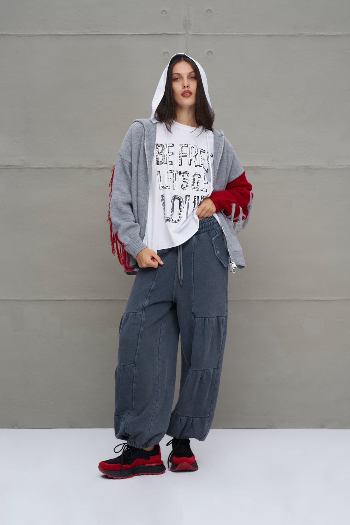 Grey Melange Red Hooded Zip-up Oversized Knit Sweater 18070