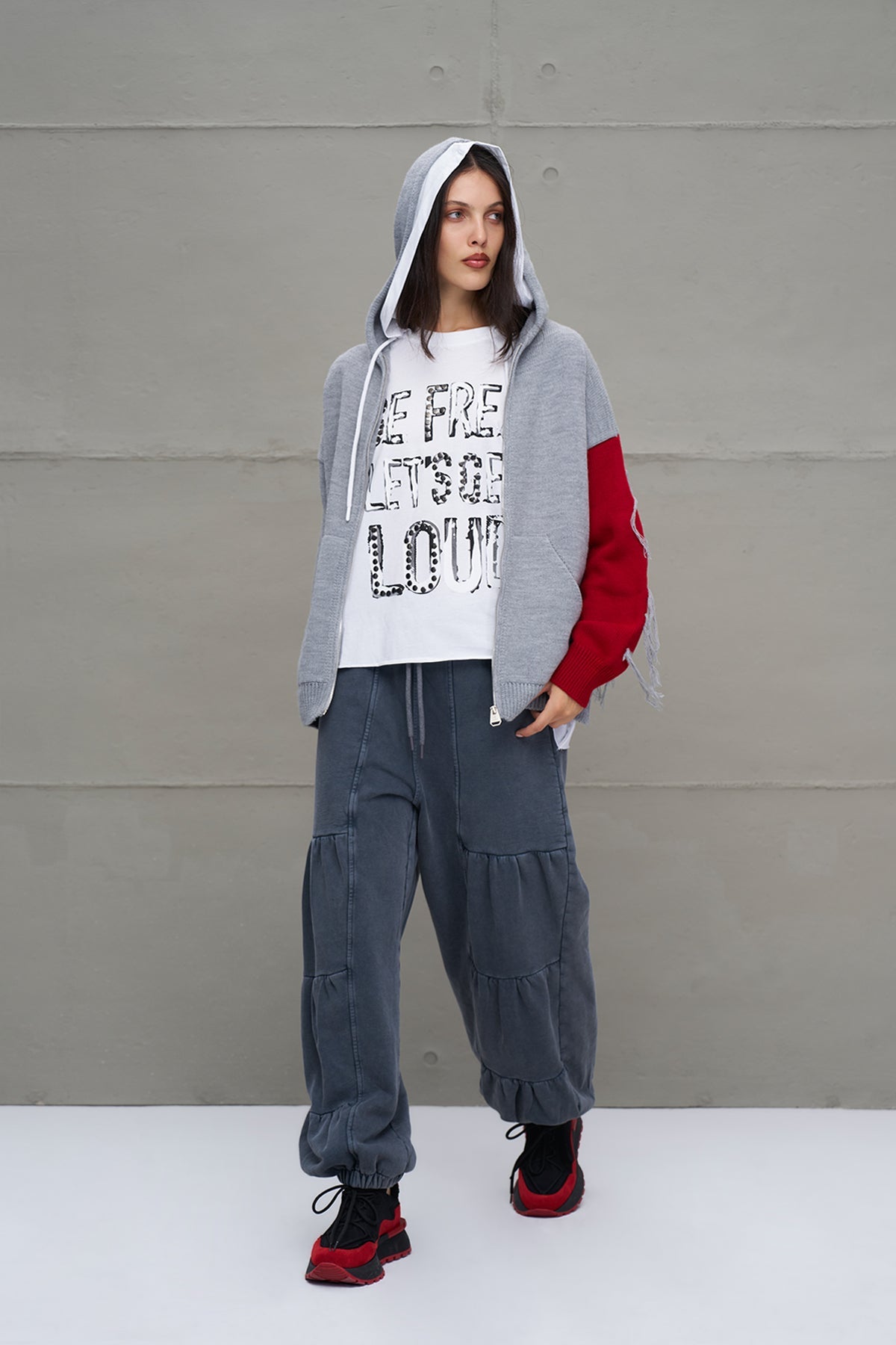 Grey Melange Red Hooded Zip-up Oversized Knit Sweater 18070