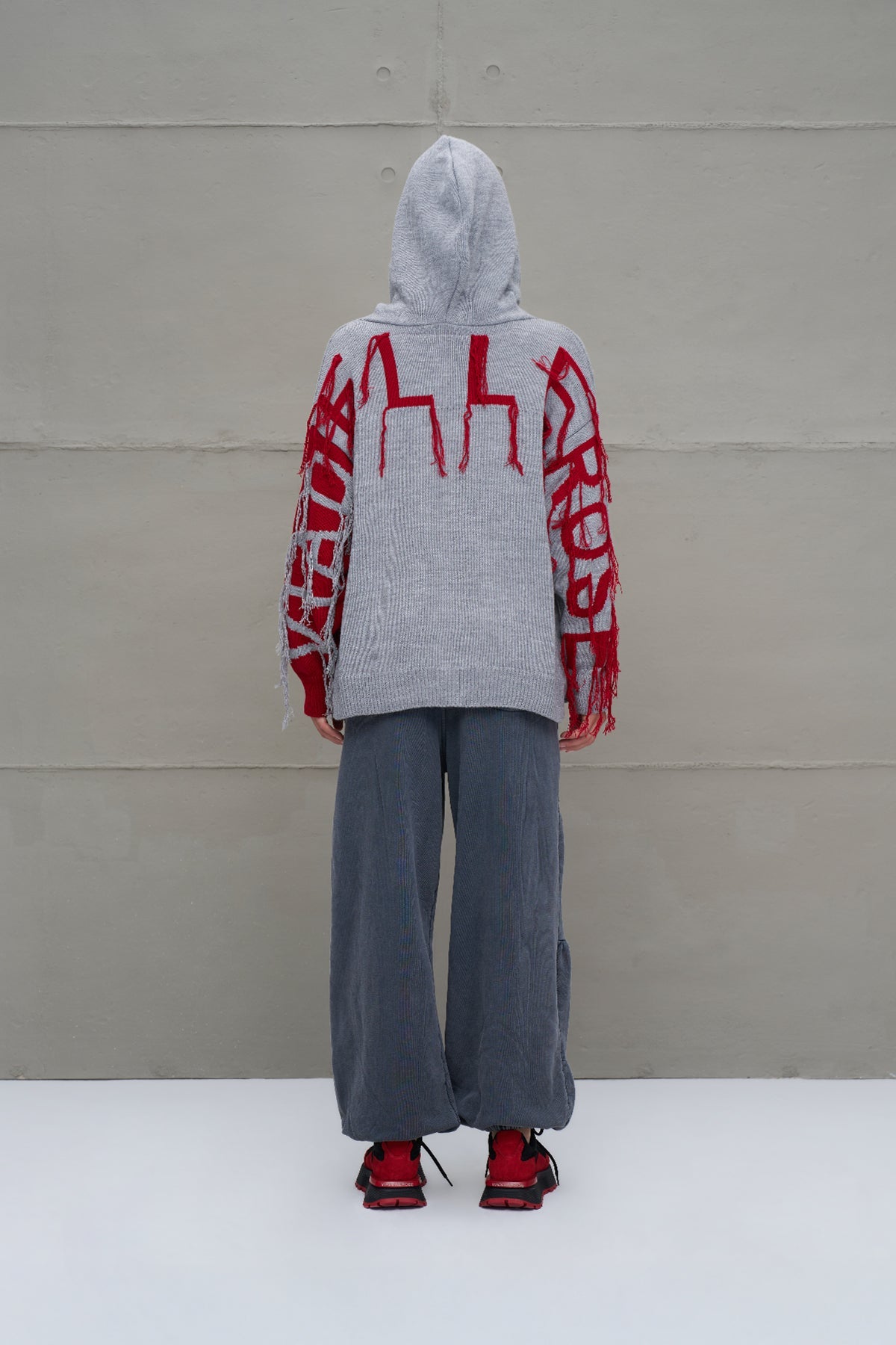 Grey Melange Red Hooded Zip-up Oversized Knit Sweater 18070