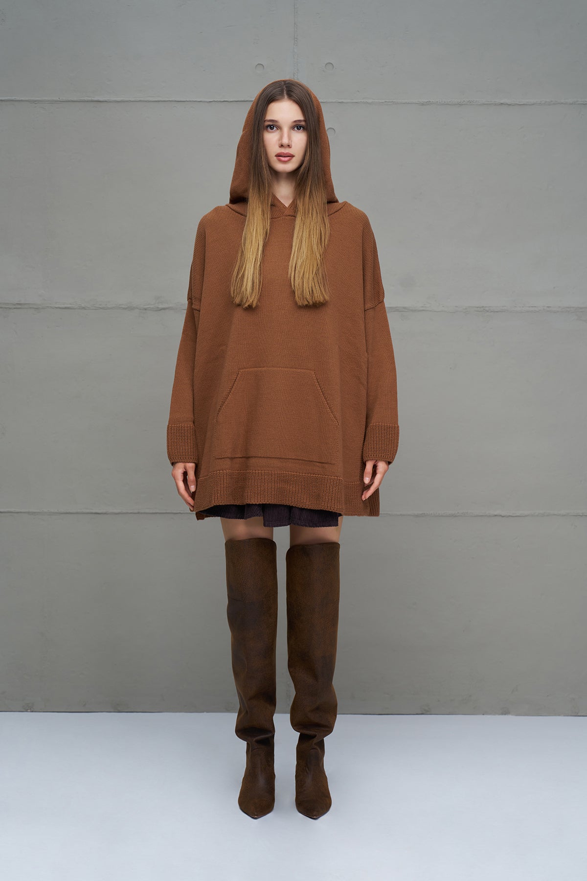 Brown Hooded Oversized Knit Sweater 18071