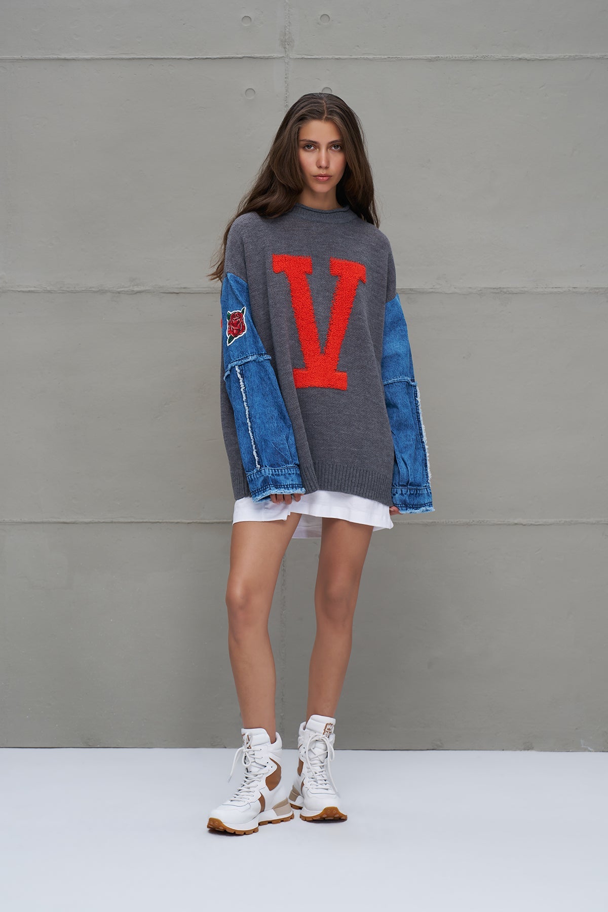 Grey Melange Blue Letter Print Oversized Knit Sweater 18073