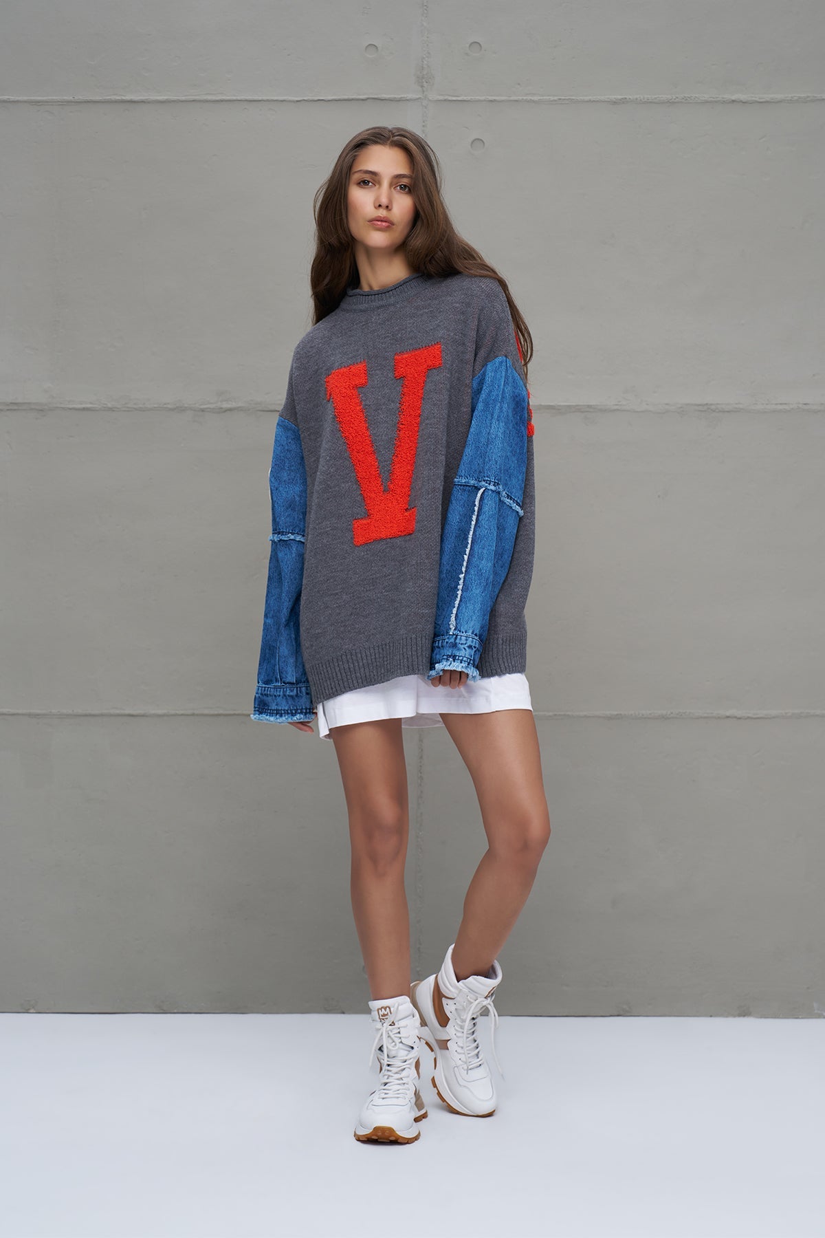 Grey Melange Blue Letter Print Oversized Knit Sweater 18073
