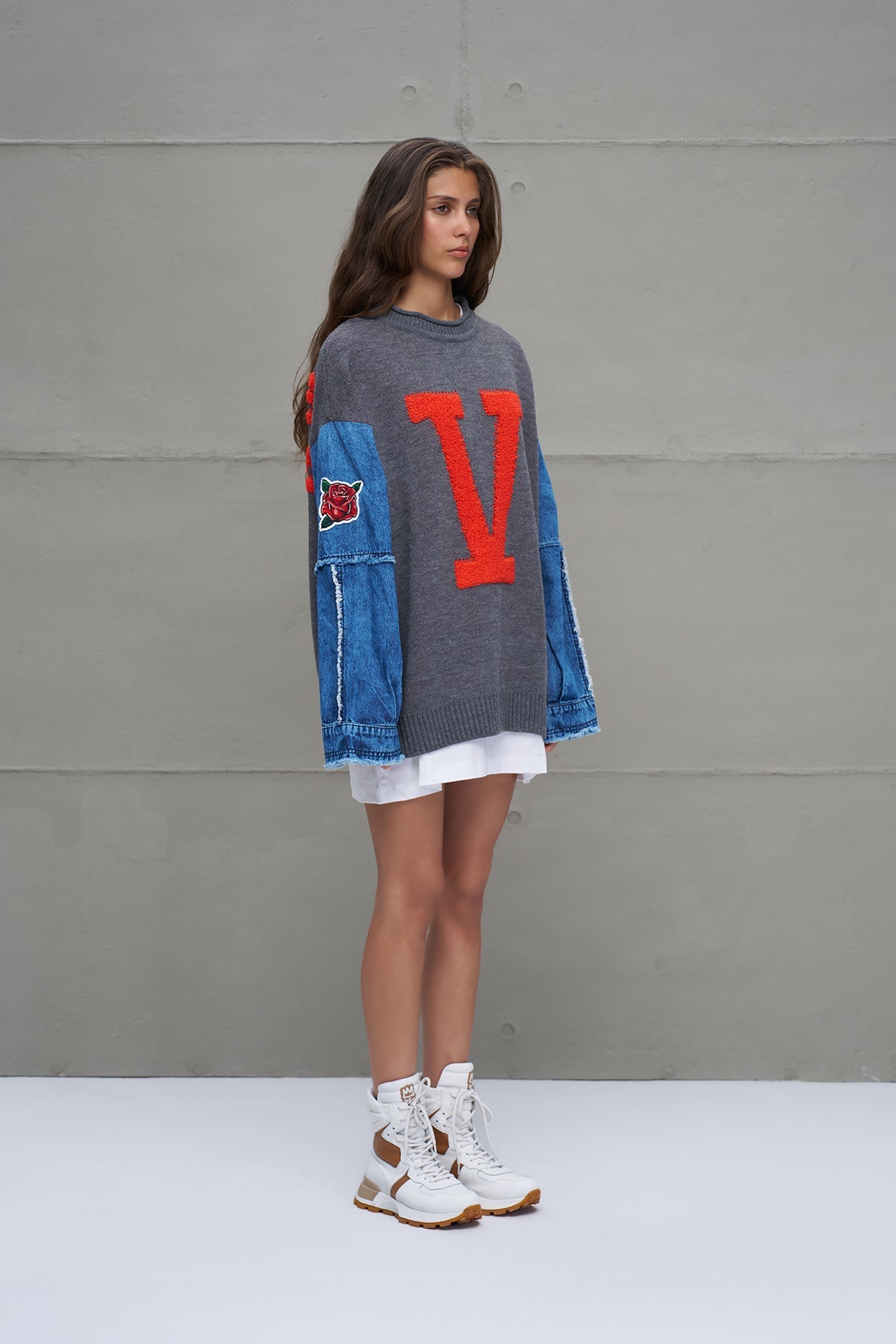 Grey Melange Blue Letter Print Oversized Knit Sweater 18073