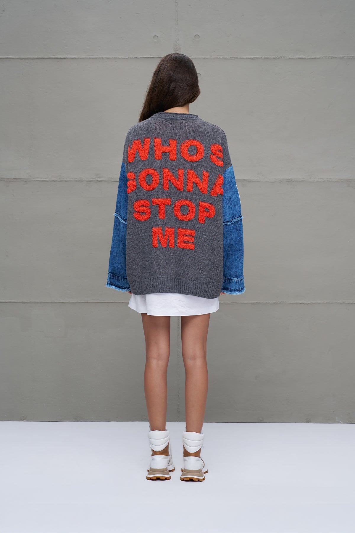 Grey Melange Blue Letter Print Oversized Knit Sweater 18073