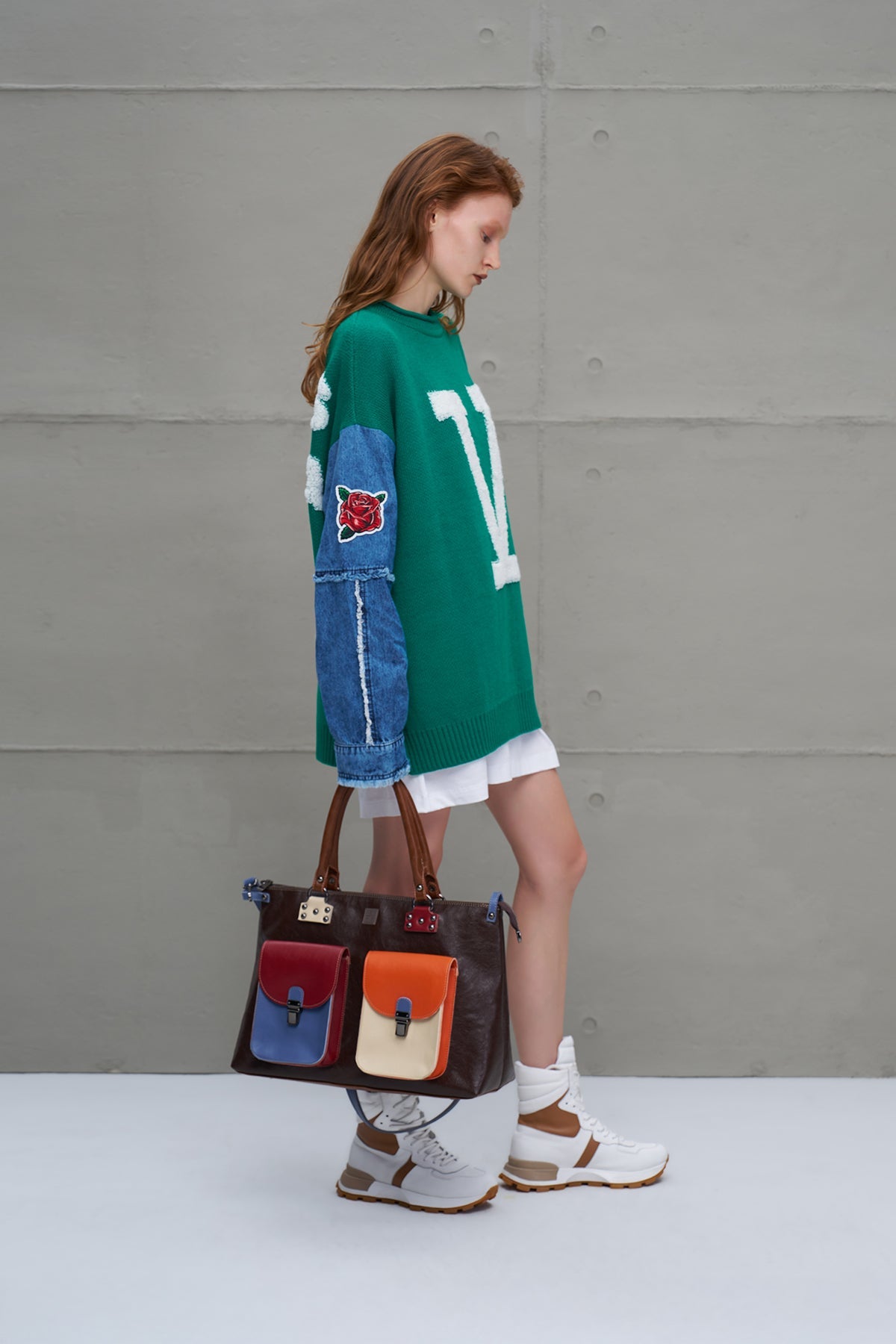 Green Blue Letter Print Oversized Knit Sweater 18073