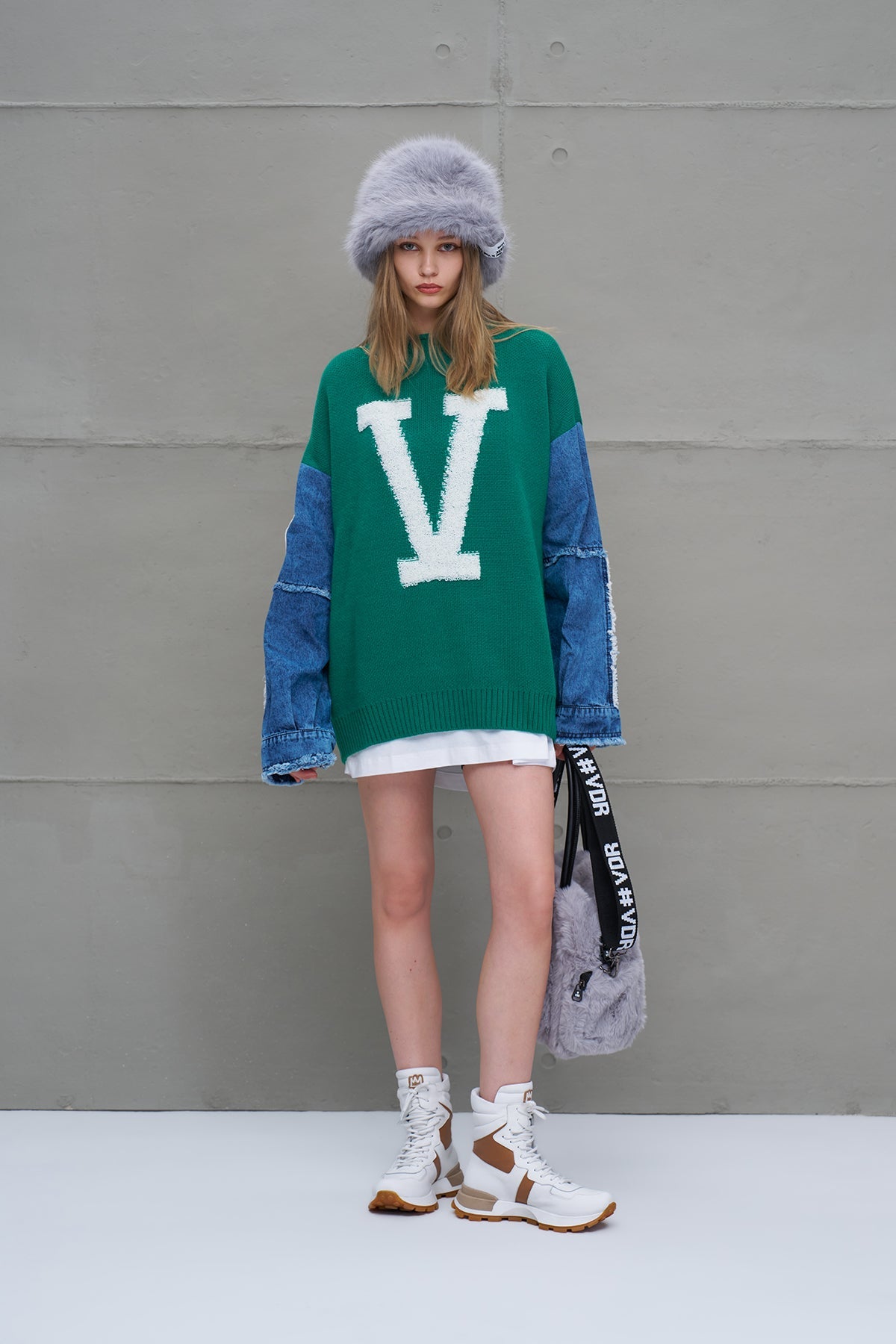 Green Blue Letter Print Oversized Knit Sweater 18073