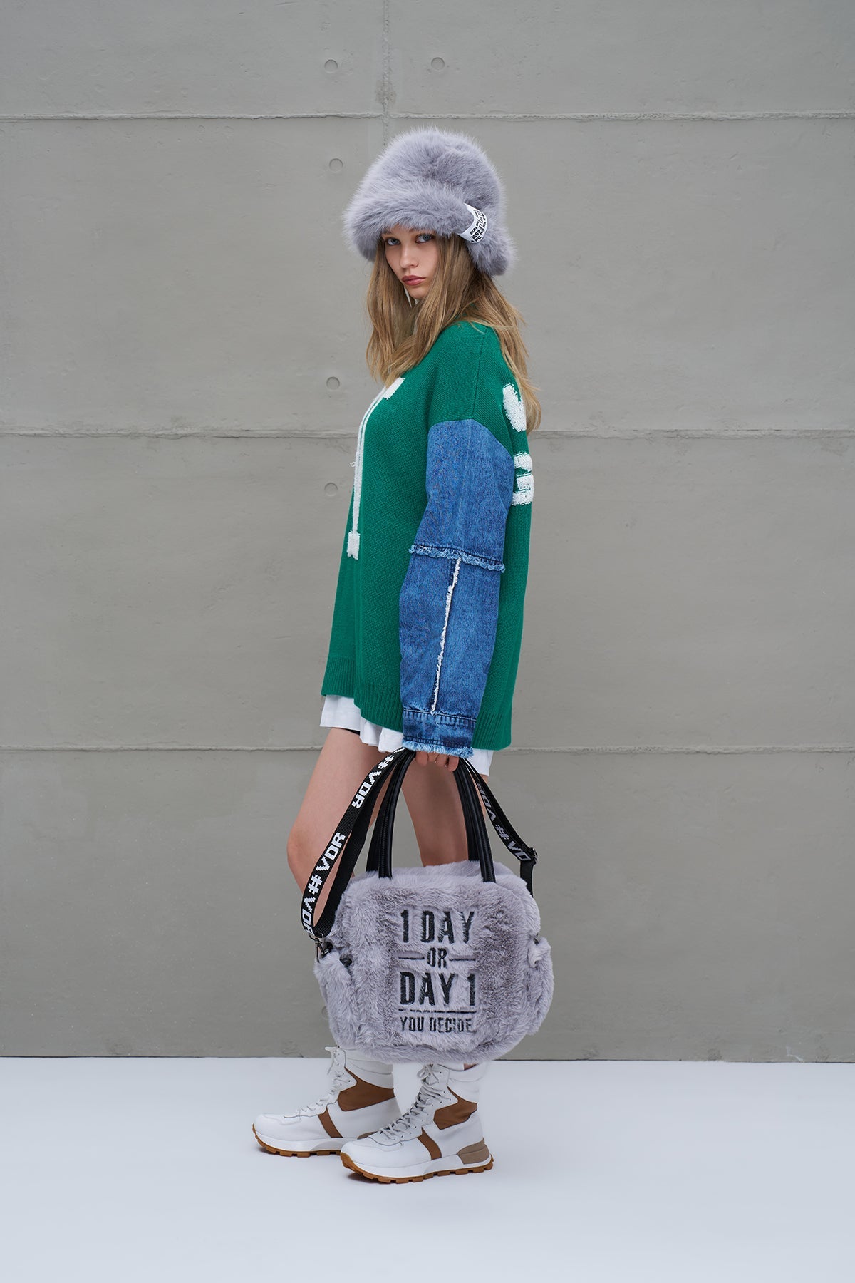 Green Blue Letter Print Oversized Knit Sweater 18073