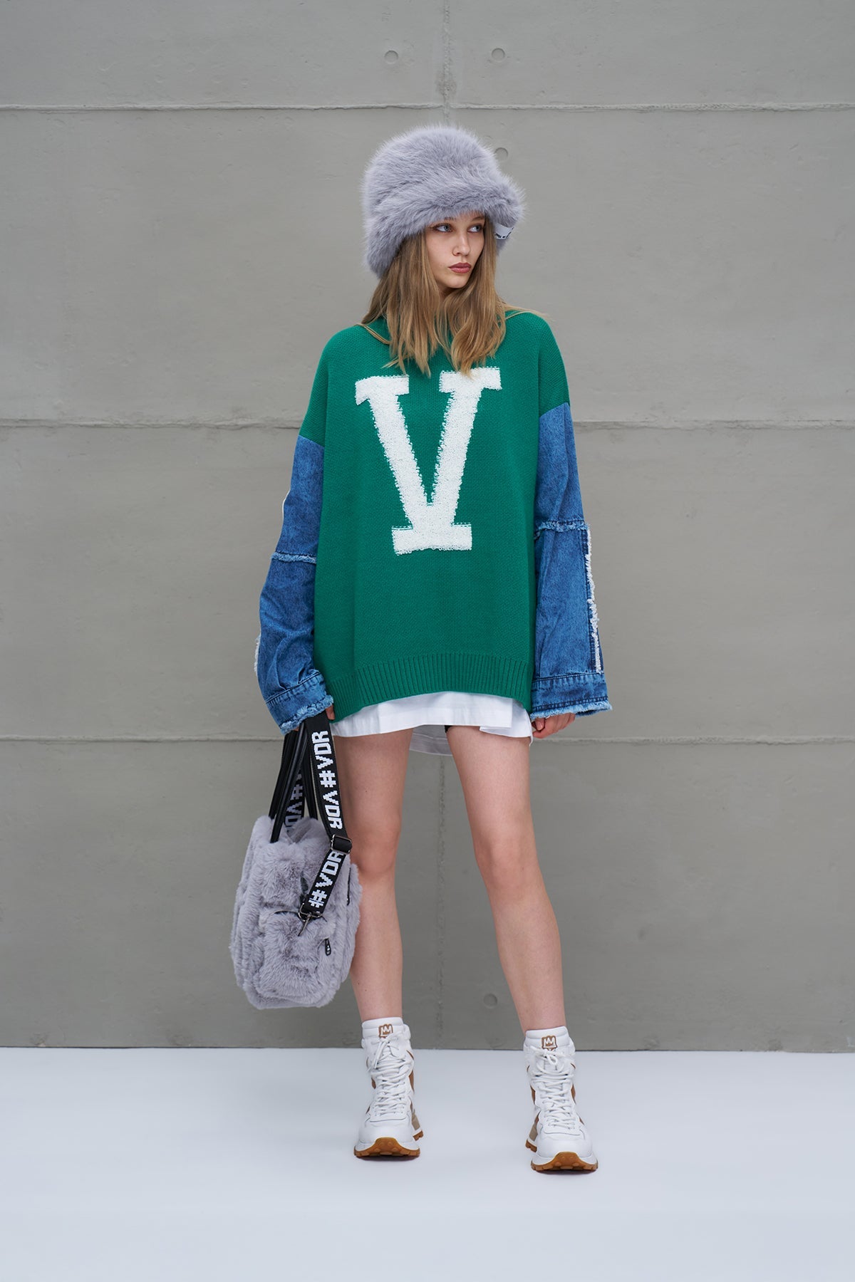 Green Blue Letter Print Oversized Knit Sweater 18073